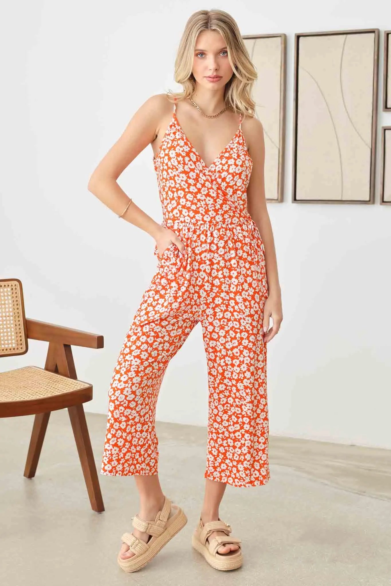 Warp Floral Print Wide Capri Leg Side Tie Jumpsuit - Tasha Apparel Wholesale