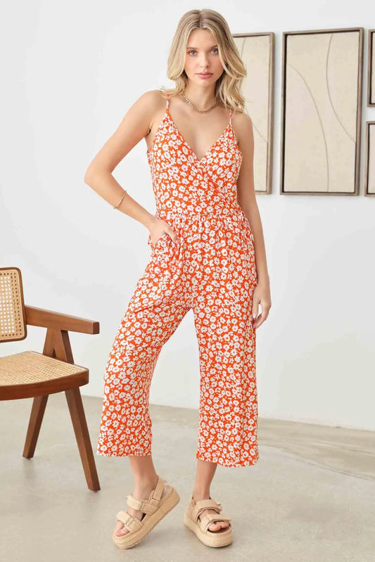 Warp Floral Print Wide Capri Leg Side Tie Jumpsuit - Tasha Apparel Wholesale
