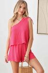 Sleeveless One Shoulder Ruching Layered Top Romper - Tasha Apparel Wholesale