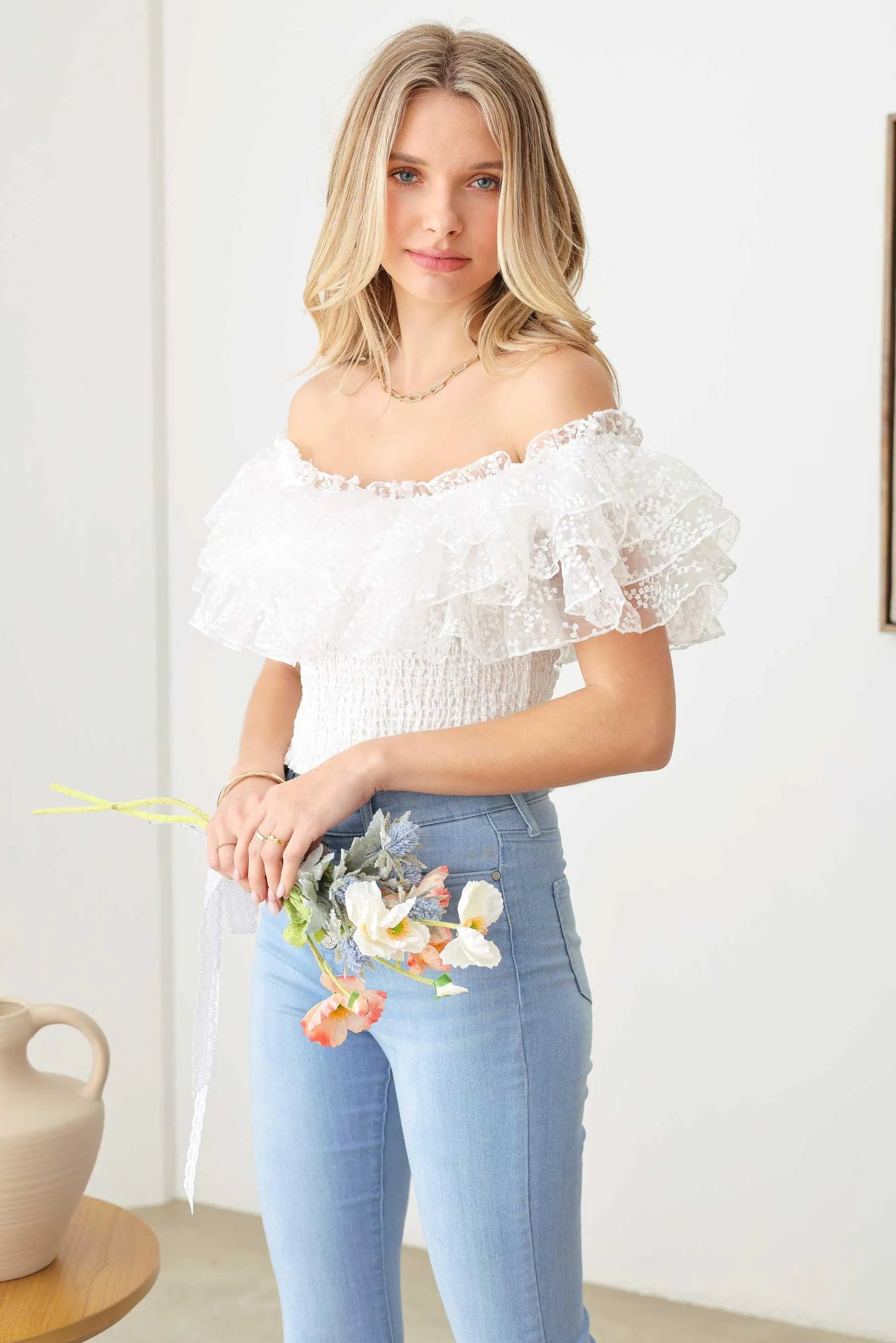 Ruffle Lace Smocked Off Crop Top - Tasha Apparel Wholesale