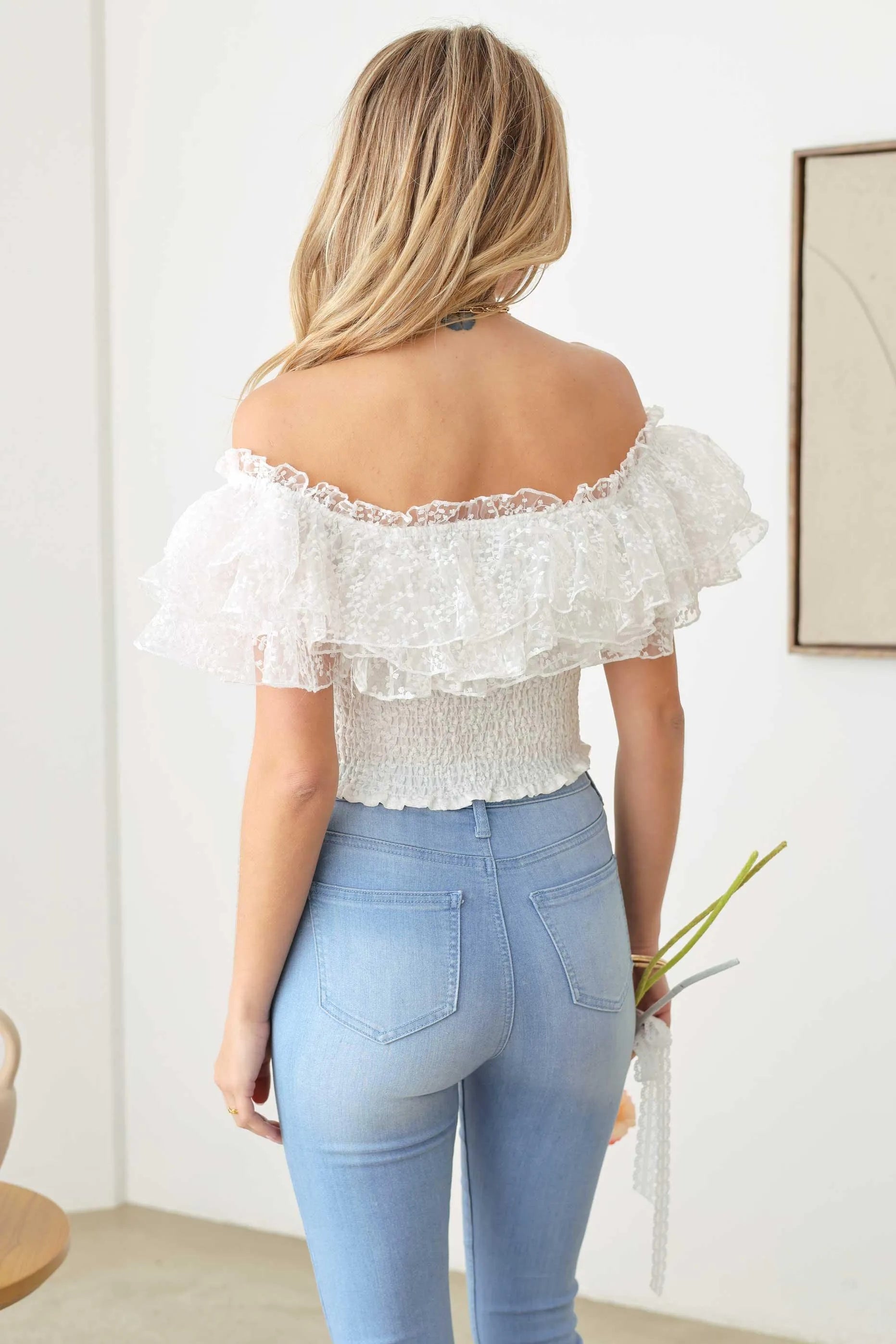 Wholesale Ruffle Lace Smocked Off Crop Top