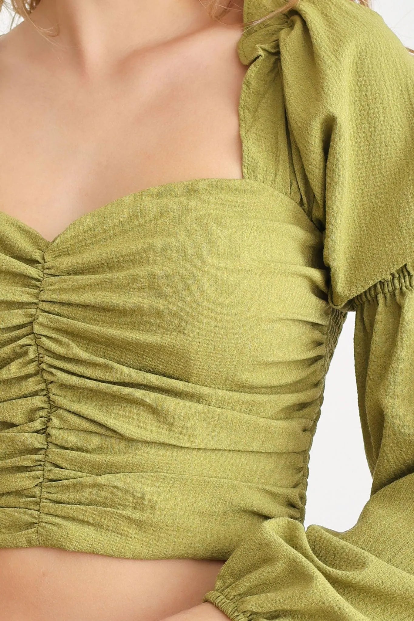 Ruched Double Puff Sleeve Crop Top - Tasha Apparel Wholesale
