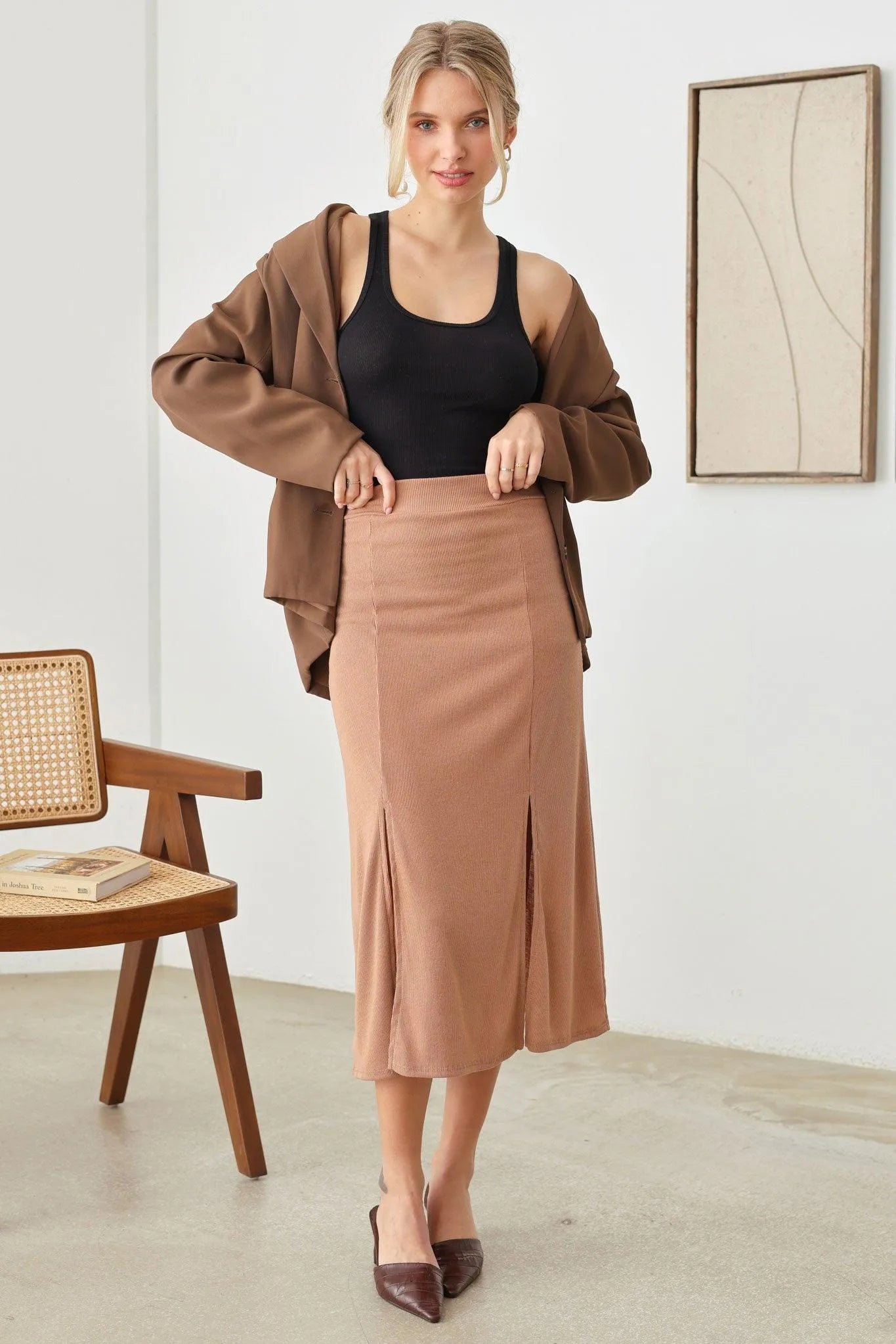 Ribbed Two Front Slit Midi Skirt - Tasha Apparel Wholesale