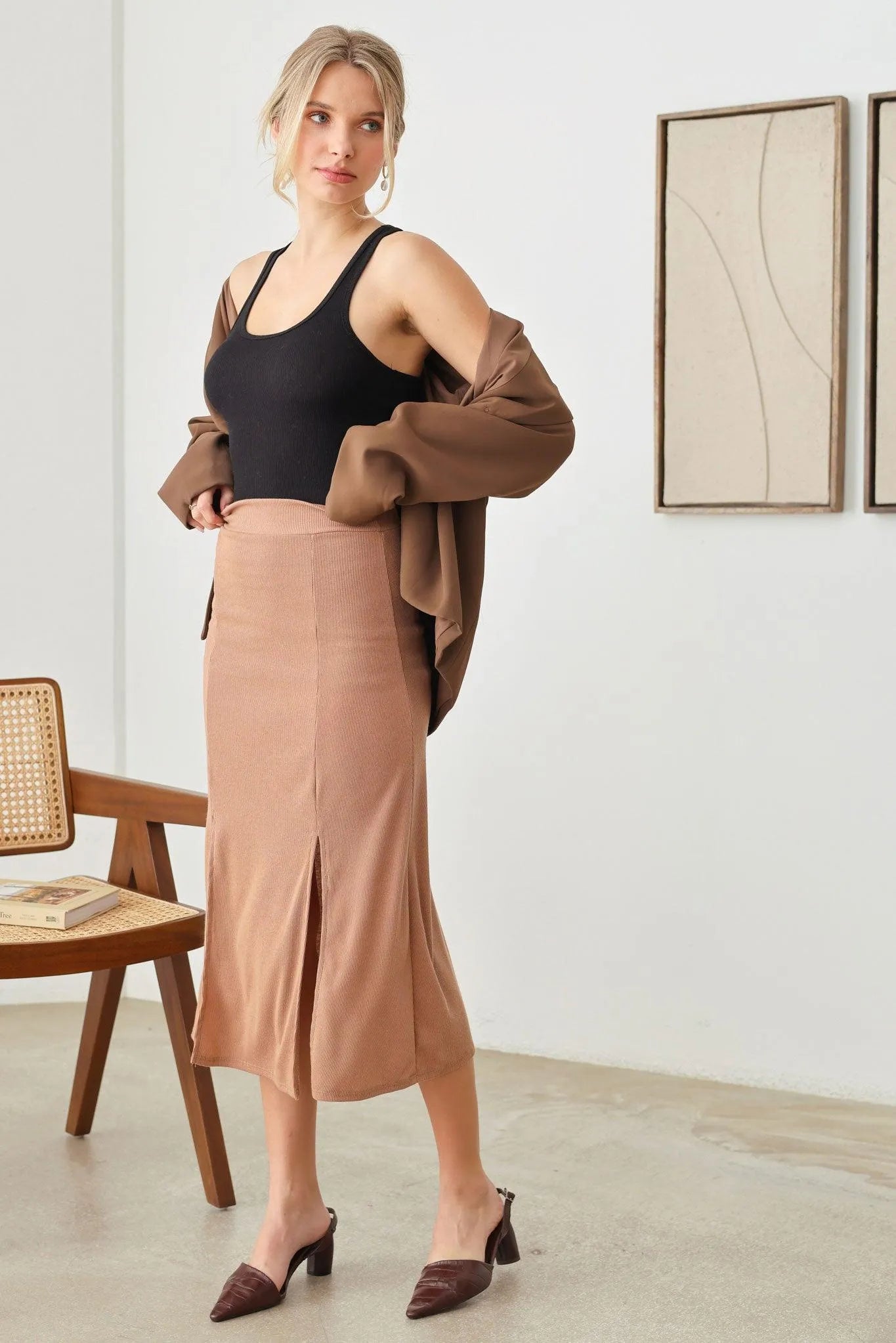 Ribbed Two Front Slit Midi Skirt - Tasha Apparel Wholesale