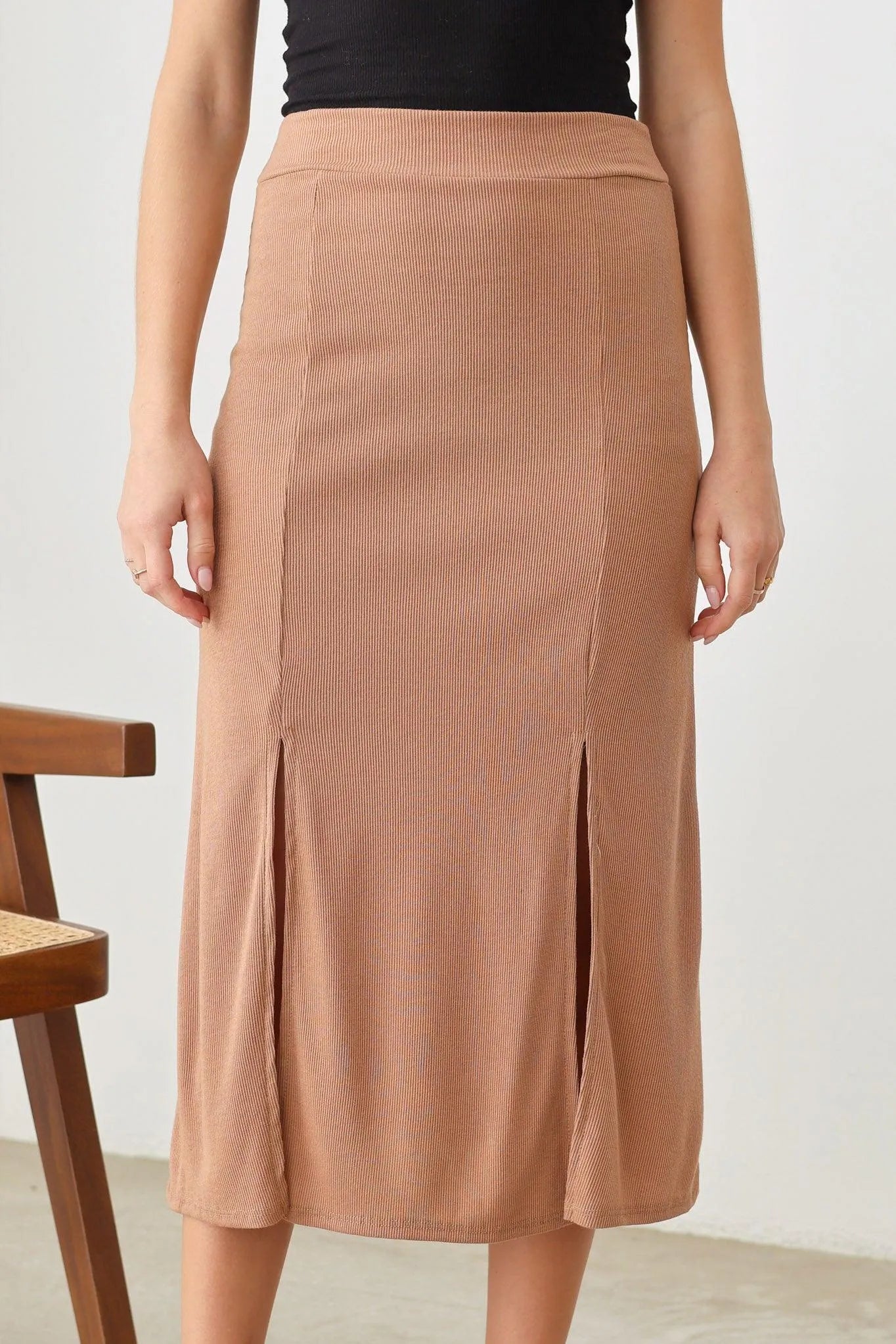 Ribbed Two Front Slit Midi Skirt - Tasha Apparel Wholesale