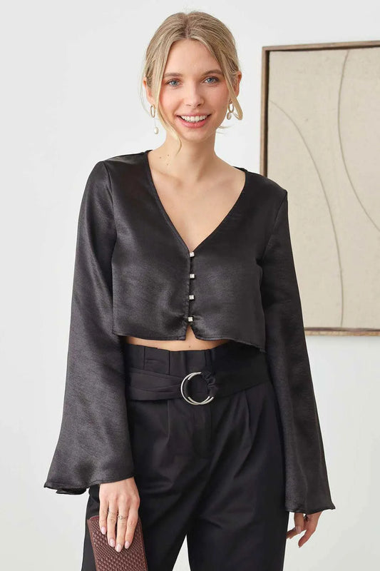 Satin Rhinestone Buttons Closure Crop Top - Tasha Apparel Wholesale