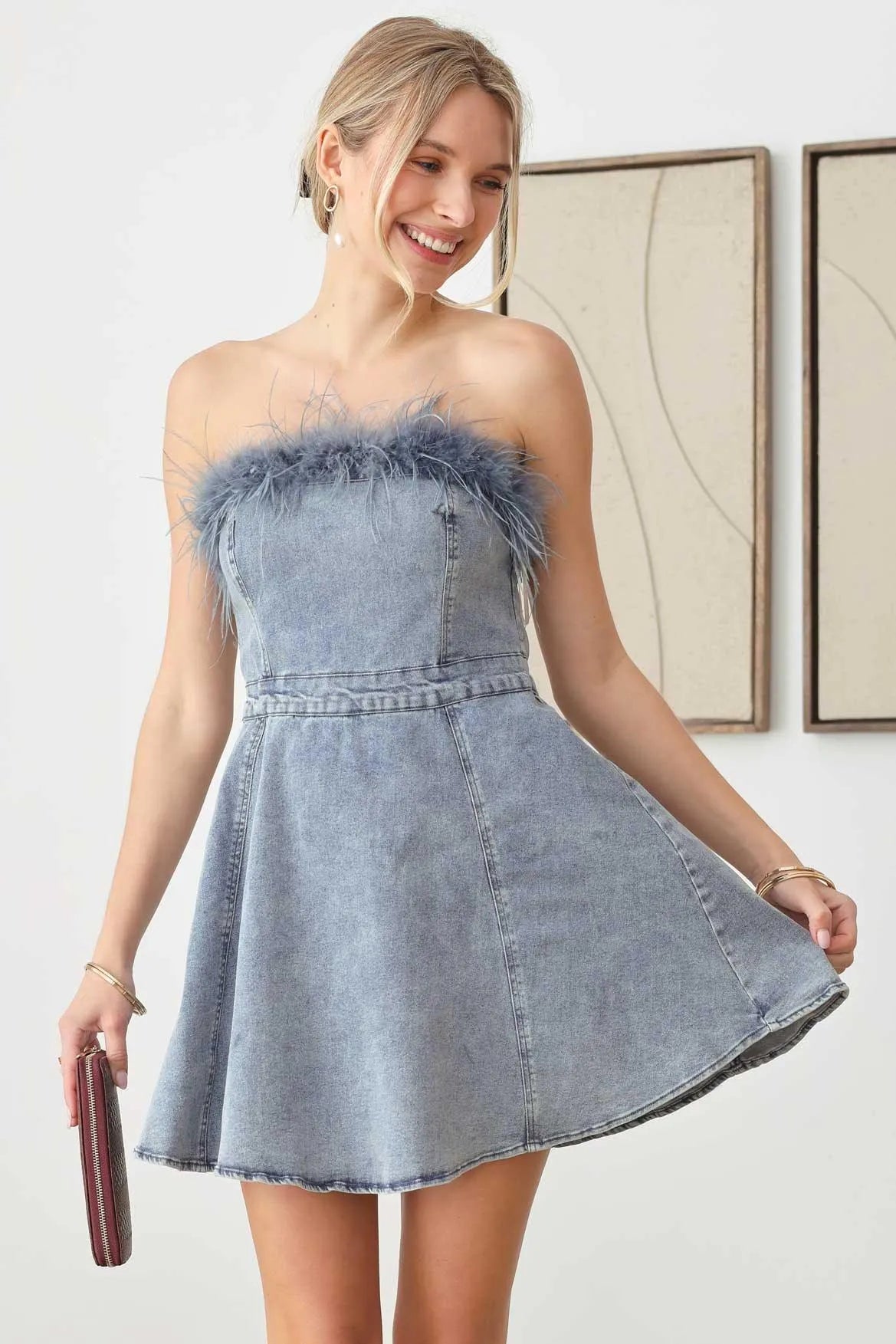 Strapless Feather Trim Denim Mini Flare Dress Strapless Feather Trim Denim Mini Flare Dress