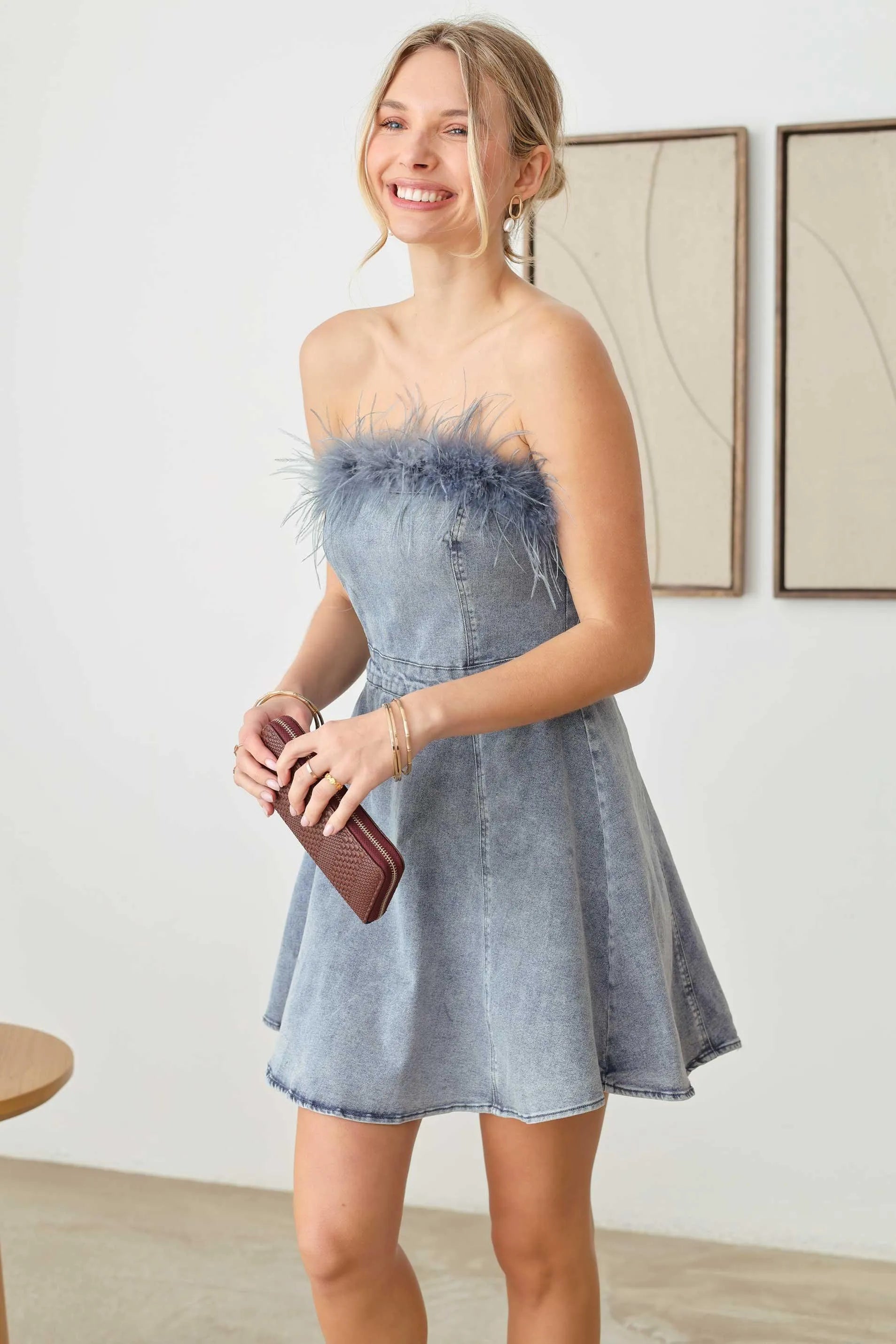 Strapless Feather Trim Denim Mini Flare Dress Strapless Feather Trim Denim Mini Flare Dress