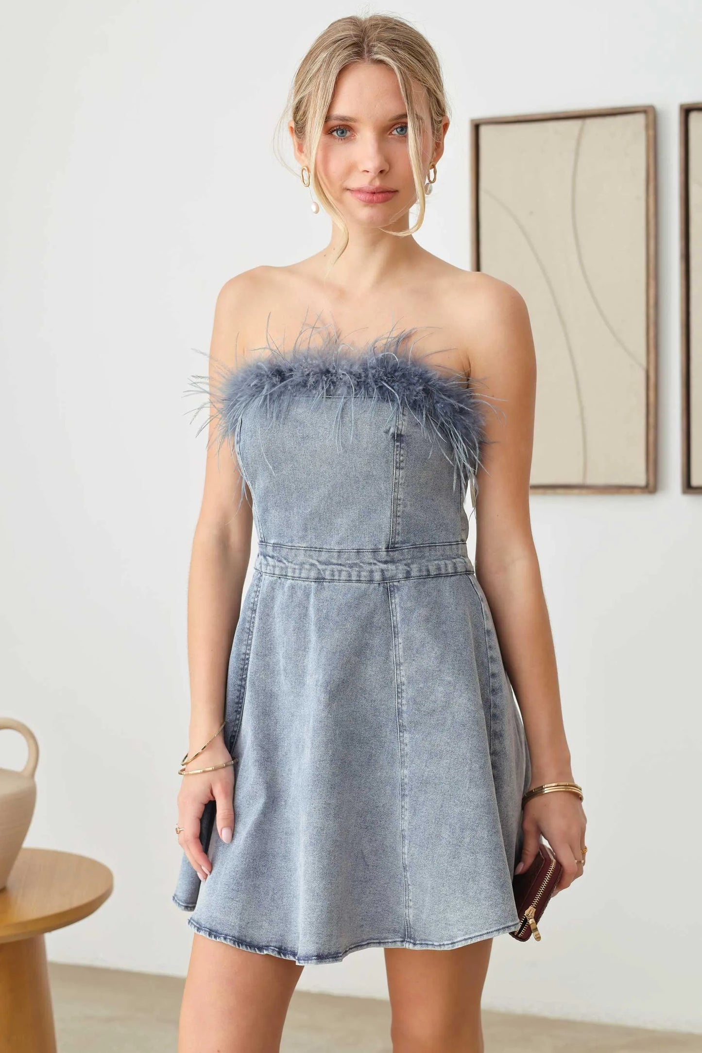 Strapless Feather Trim Denim Mini Flare Dress - Tasha Apparel Wholesale