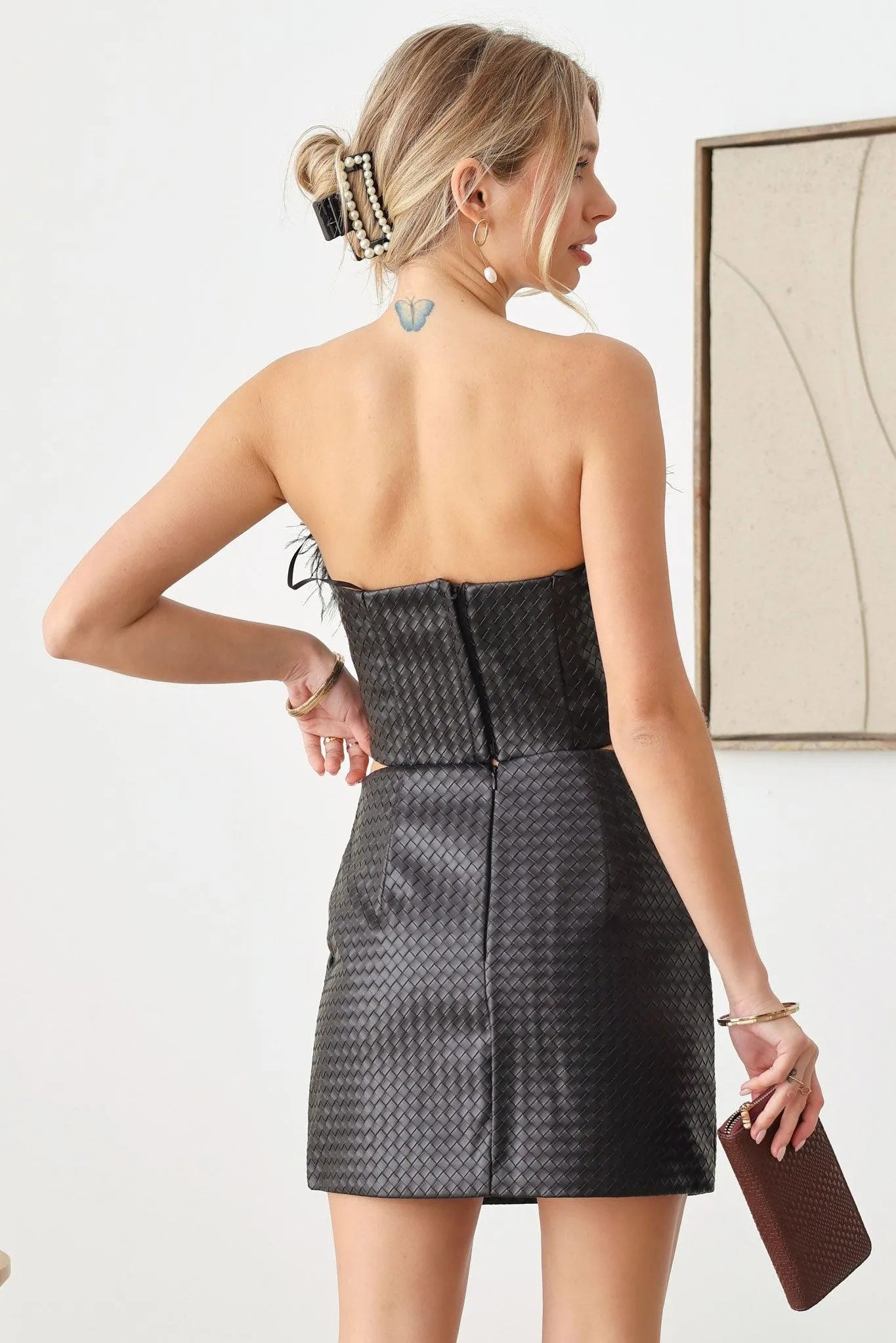 Faux Leather Tube Top With Feathers & Mini Skirt Set - Tasha Apparel Wholesale