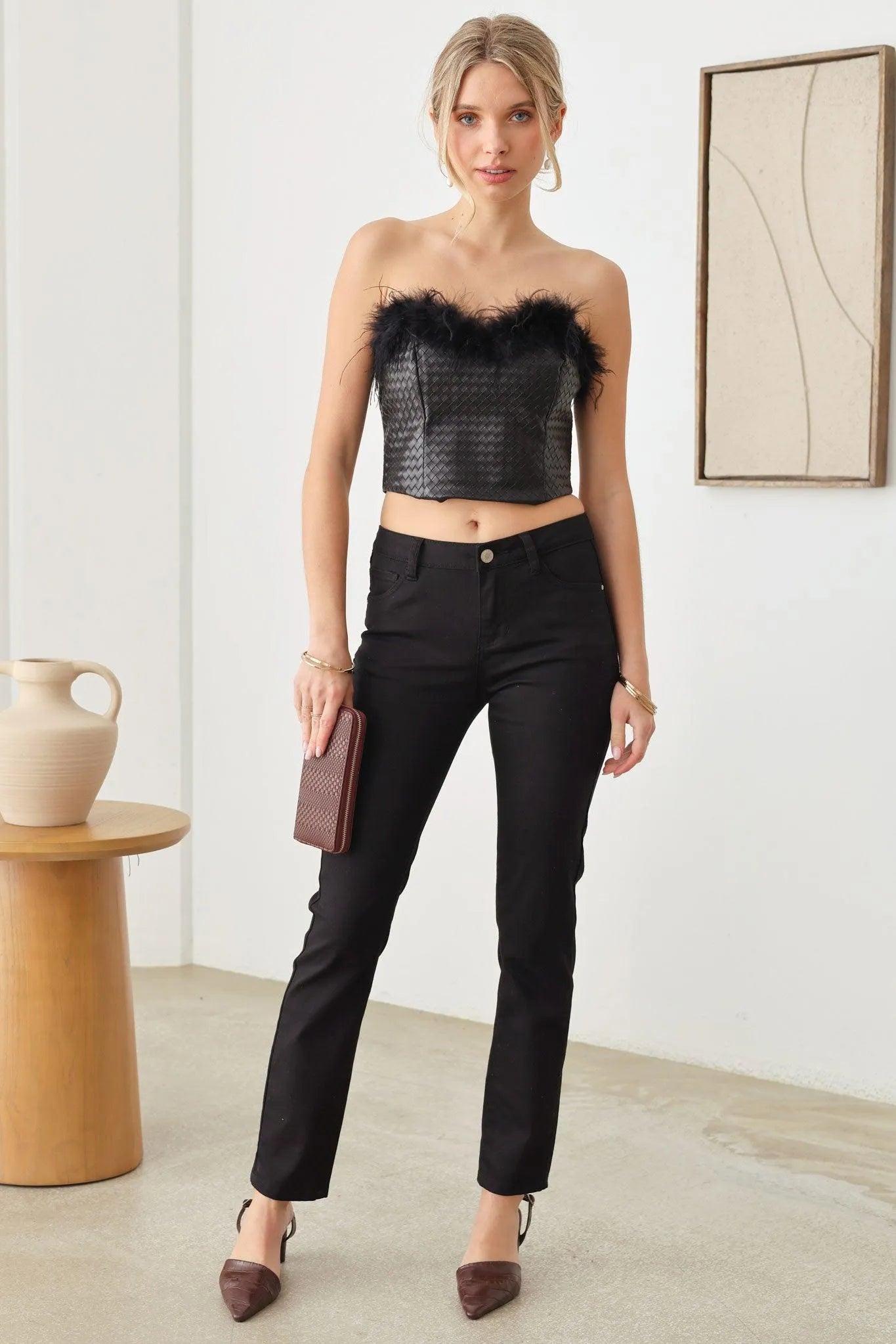 Faux Leather Feather Tube Crop Top - Tasha Apparel Wholesale