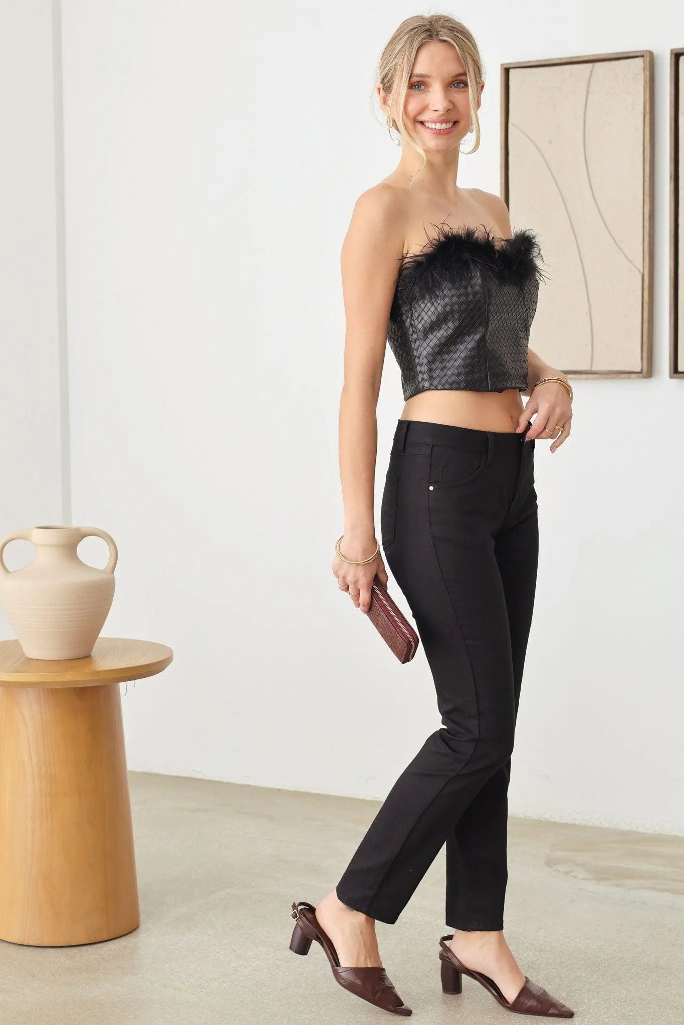 Faux Leather Feather Tube Crop Top - Tasha Apparel Wholesale