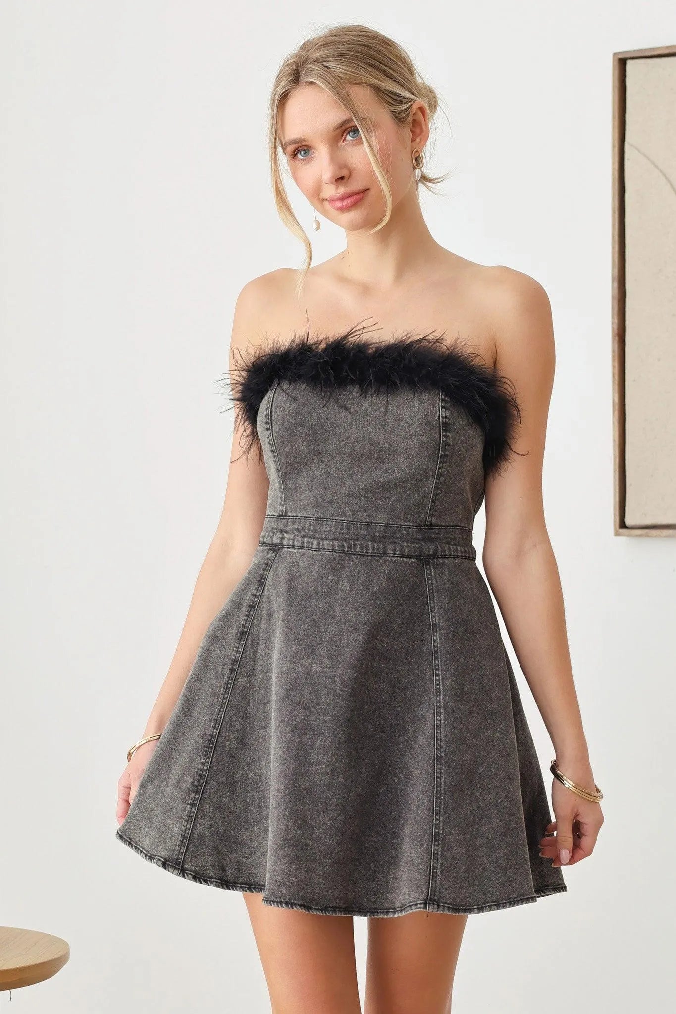 Strapless Feather Trim Denim Mini Flare Dress - Tasha Apparel Wholesale