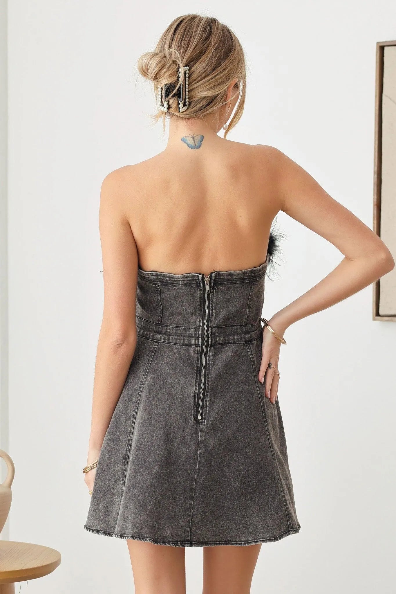 Strapless Feather Trim Denim Mini Flare Dress - Tasha Apparel Wholesale