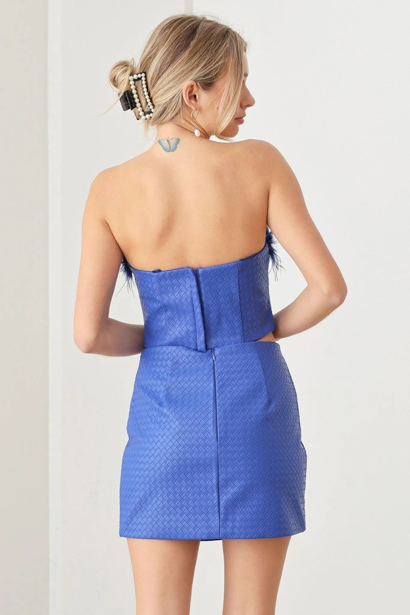 Faux Leather Tube Top With Feathers & Mini Skirt Set - Tasha Apparel Wholesale