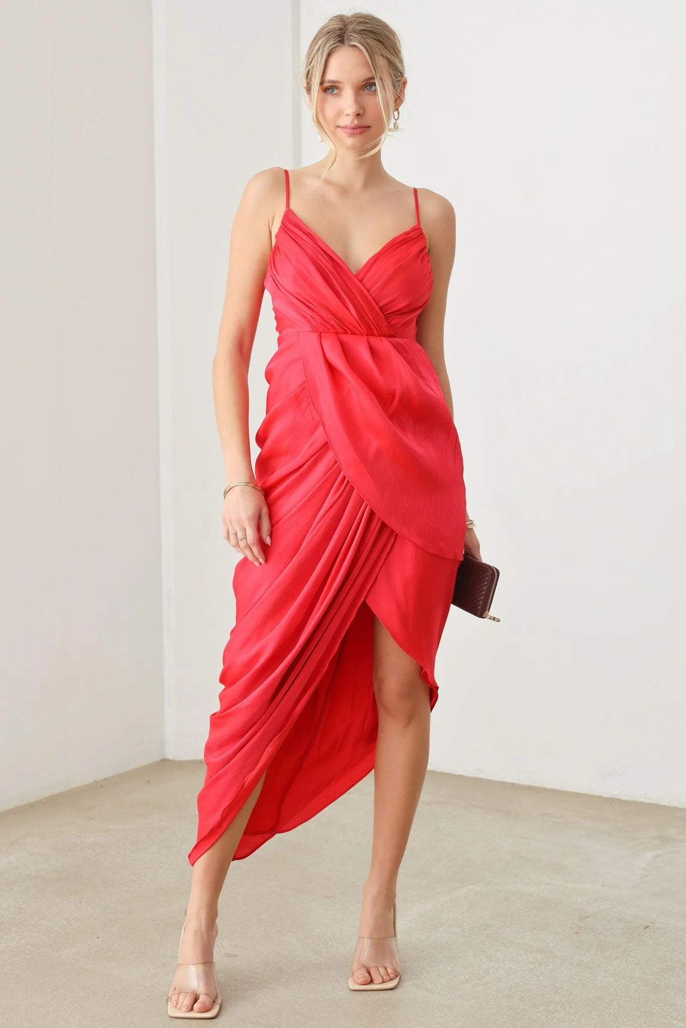 Romantic Asymmetric Drape Warp Slit Midi Dress Romantic Asymmetric Drape Warp Slit Midi Dress