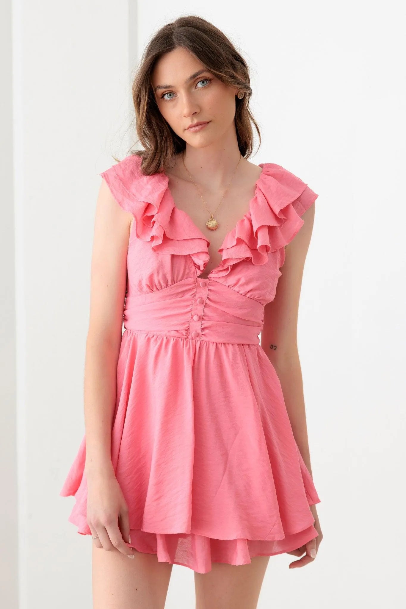 mini dress romper Doll Pink Ruffle Detail Front Button Romper Mini Dress