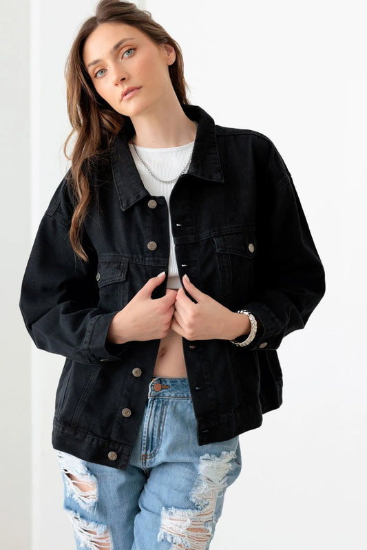 Black Cotton "EPIPHANY" Graphic Denim Jacket - Tasha Apparel Wholesale