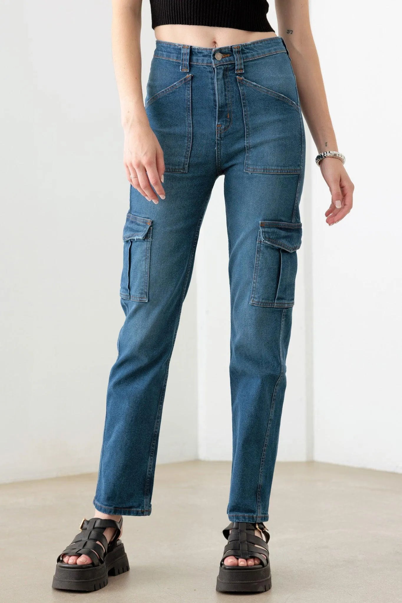 Dark Blue Cotton High Rise Wide Cargo Jeans - Tasha Apparel Wholesale