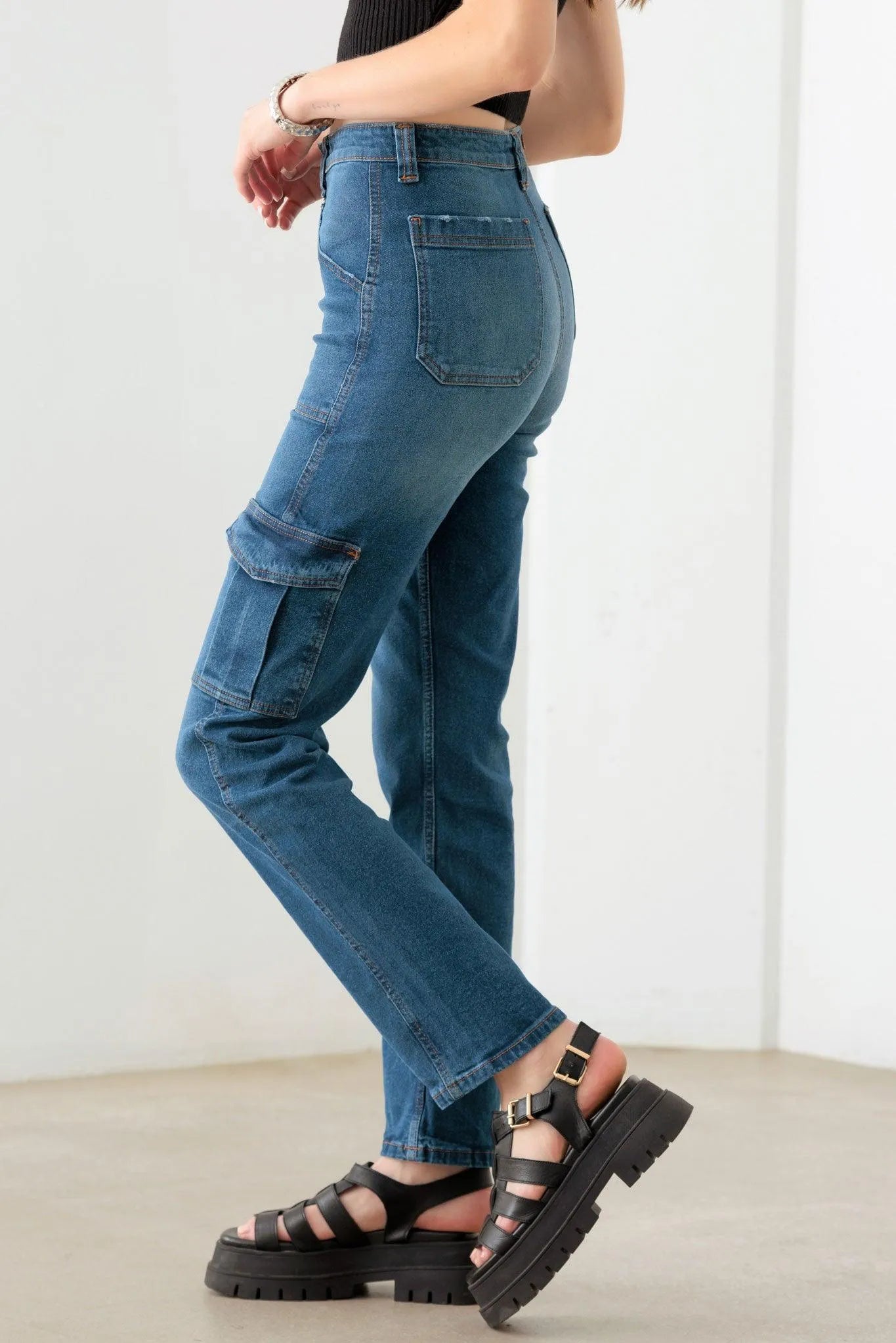 Dark Blue Cotton High Rise Wide Cargo Jeans - Tasha Apparel Wholesale