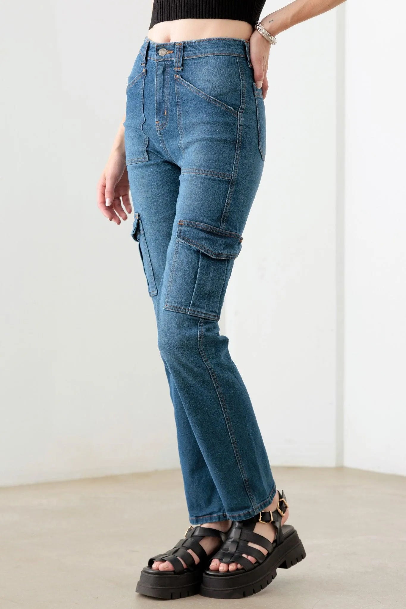 Dark Blue Cotton High Rise Wide Cargo Jeans - Tasha Apparel Wholesale