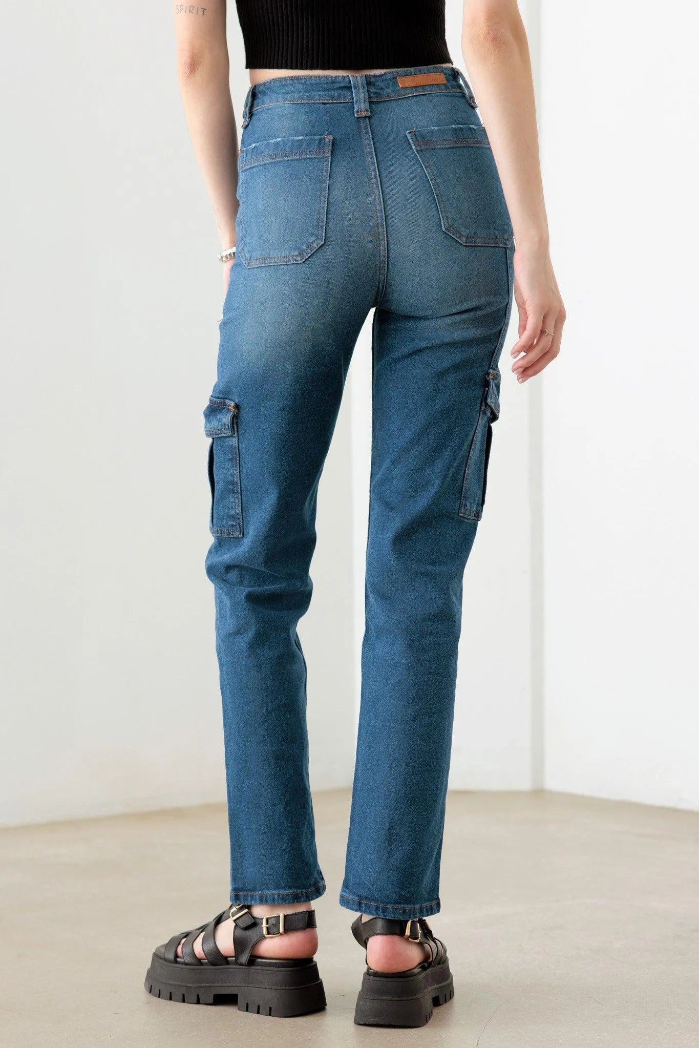 Dark Blue Cotton High Rise Wide Cargo Jeans - Tasha Apparel Wholesale