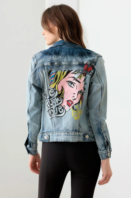 Face Graffiti Print Acid Wash Denim Jacket - Tasha Apparel Wholesale