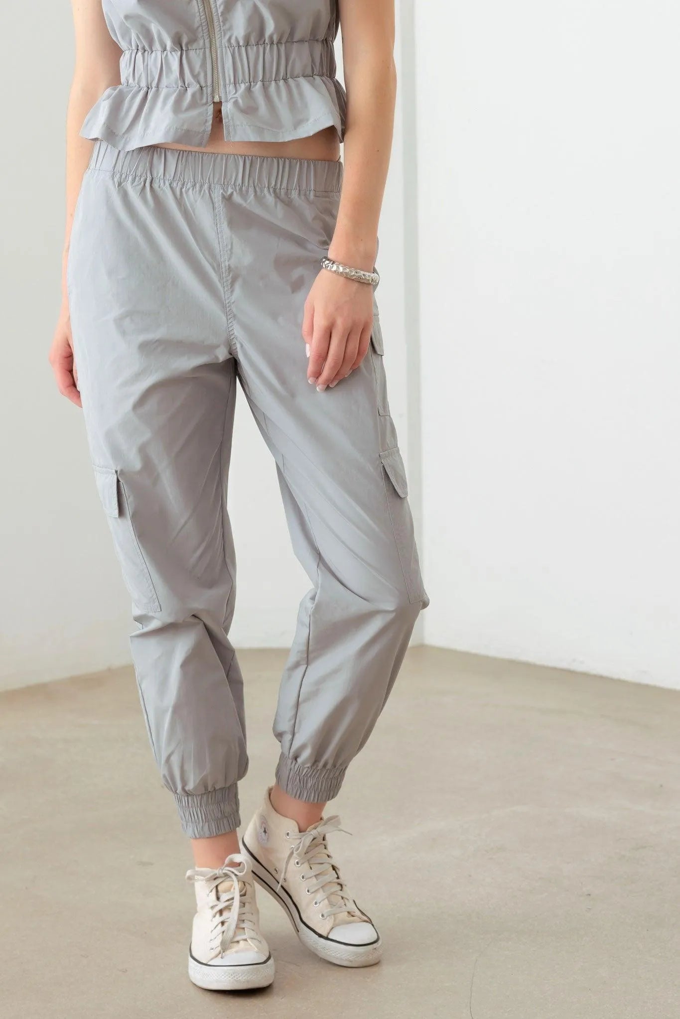 Grey Sleeveless Zipper Top Vest & Cargo Jogger Set - Tasha Apparel Wholesale