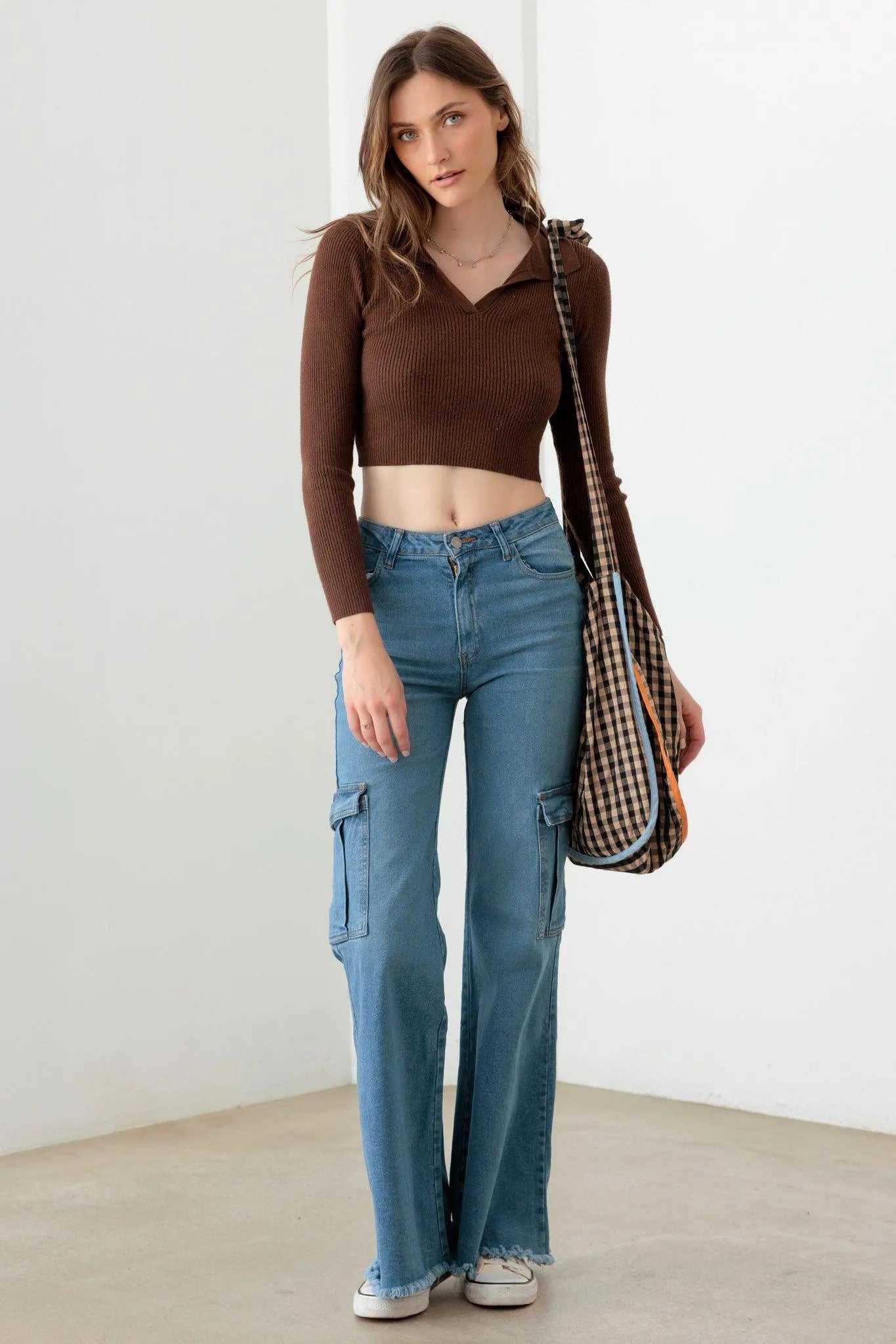 Blue Wide Leg Side Pockets Casual Cargo Jeans - Tasha Apparel Wholesale