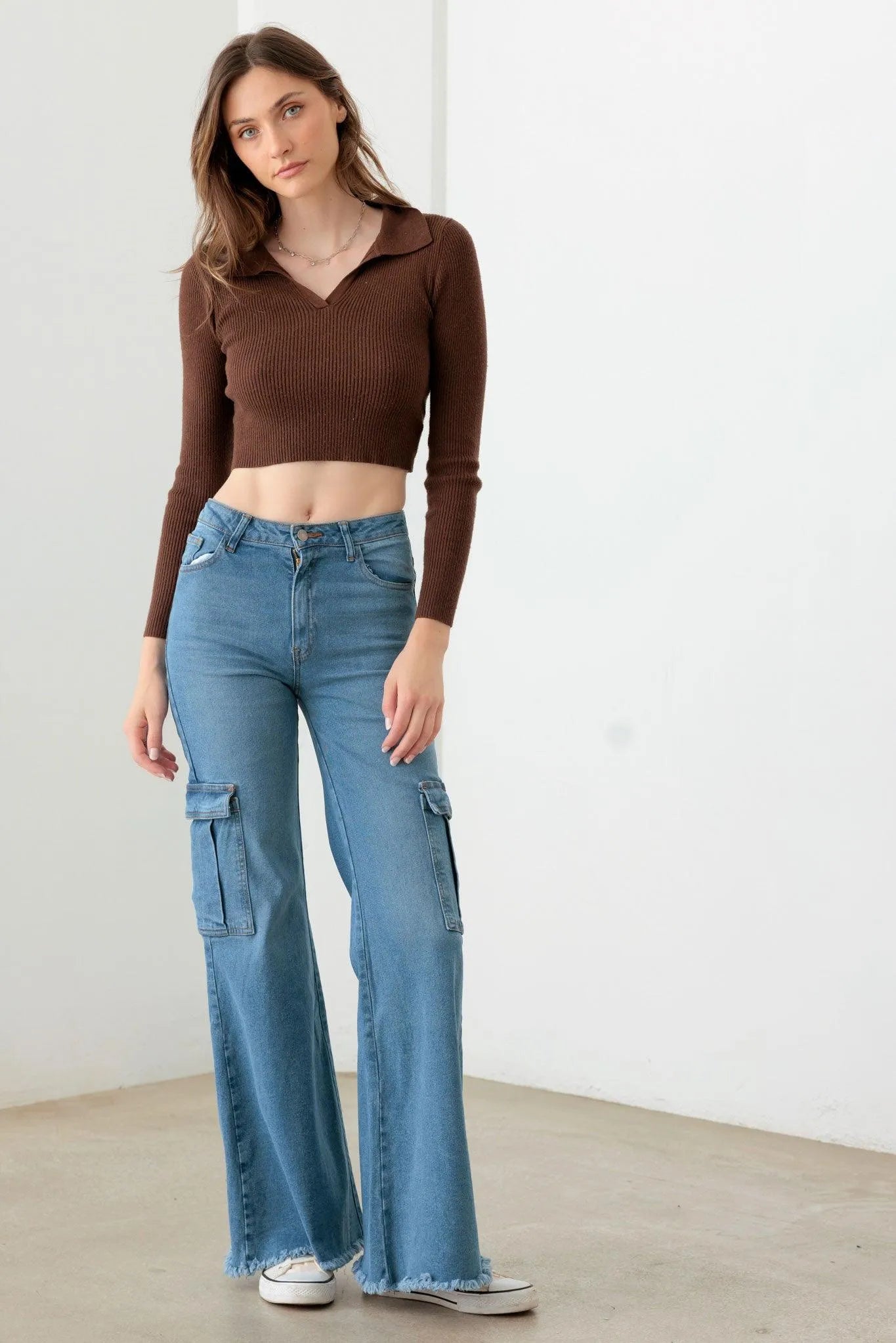 Blue Wide Leg Side Pockets Casual Cargo Jeans - Tasha Apparel Wholesale