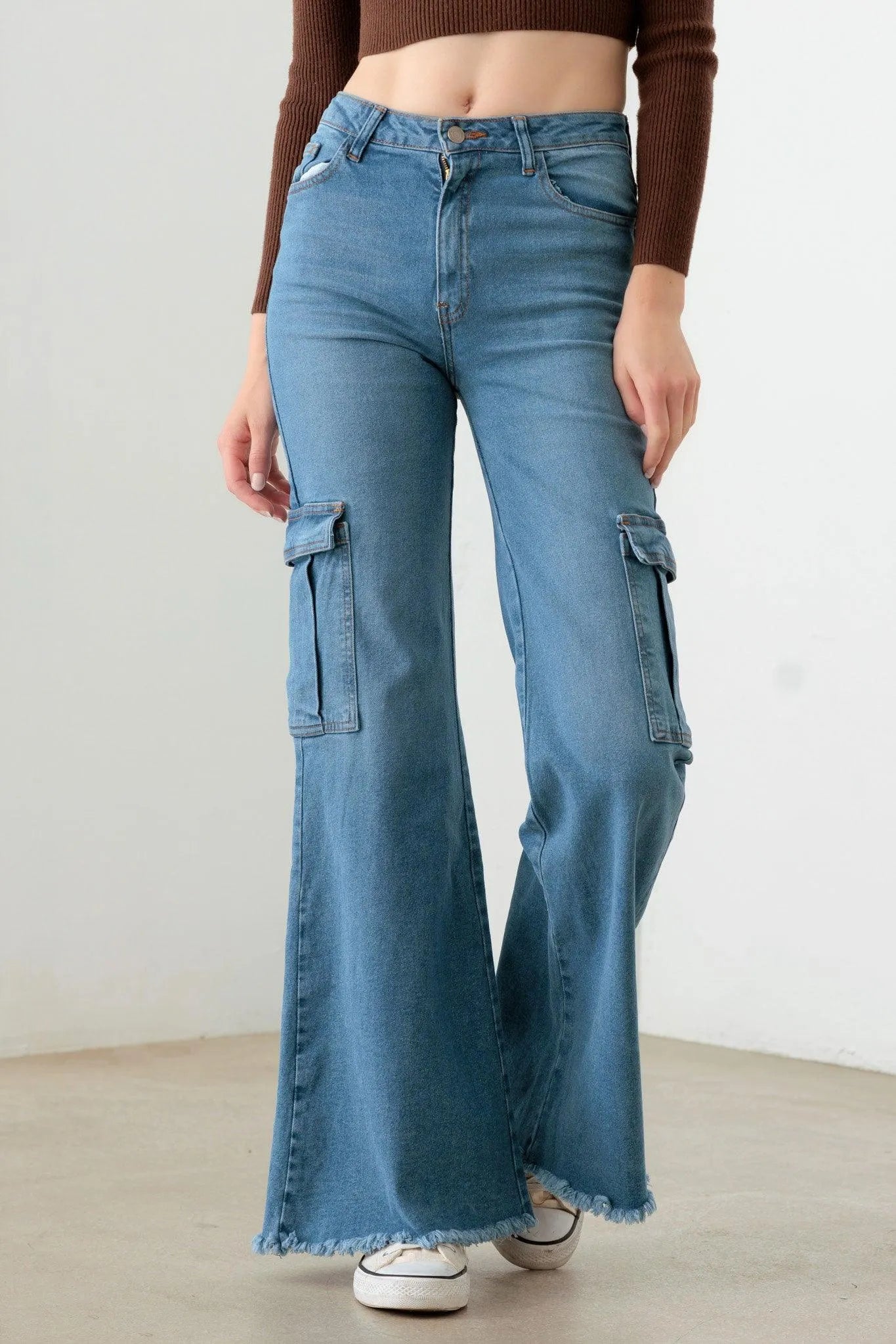 Blue Wide Leg Side Pockets Casual Cargo Jeans - Tasha Apparel Wholesale