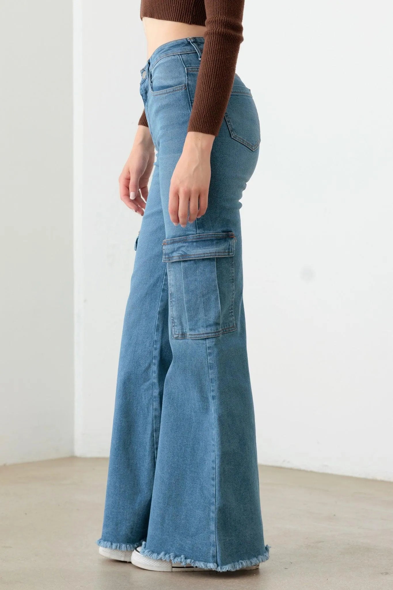 Blue Wide Leg Side Pockets Casual Cargo Jeans - Tasha Apparel Wholesale