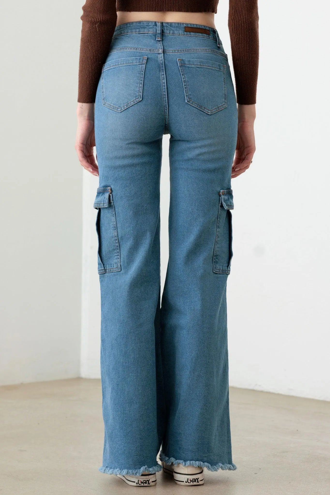 Blue Wide Leg Side Pockets Casual Cargo Jeans - Tasha Apparel Wholesale