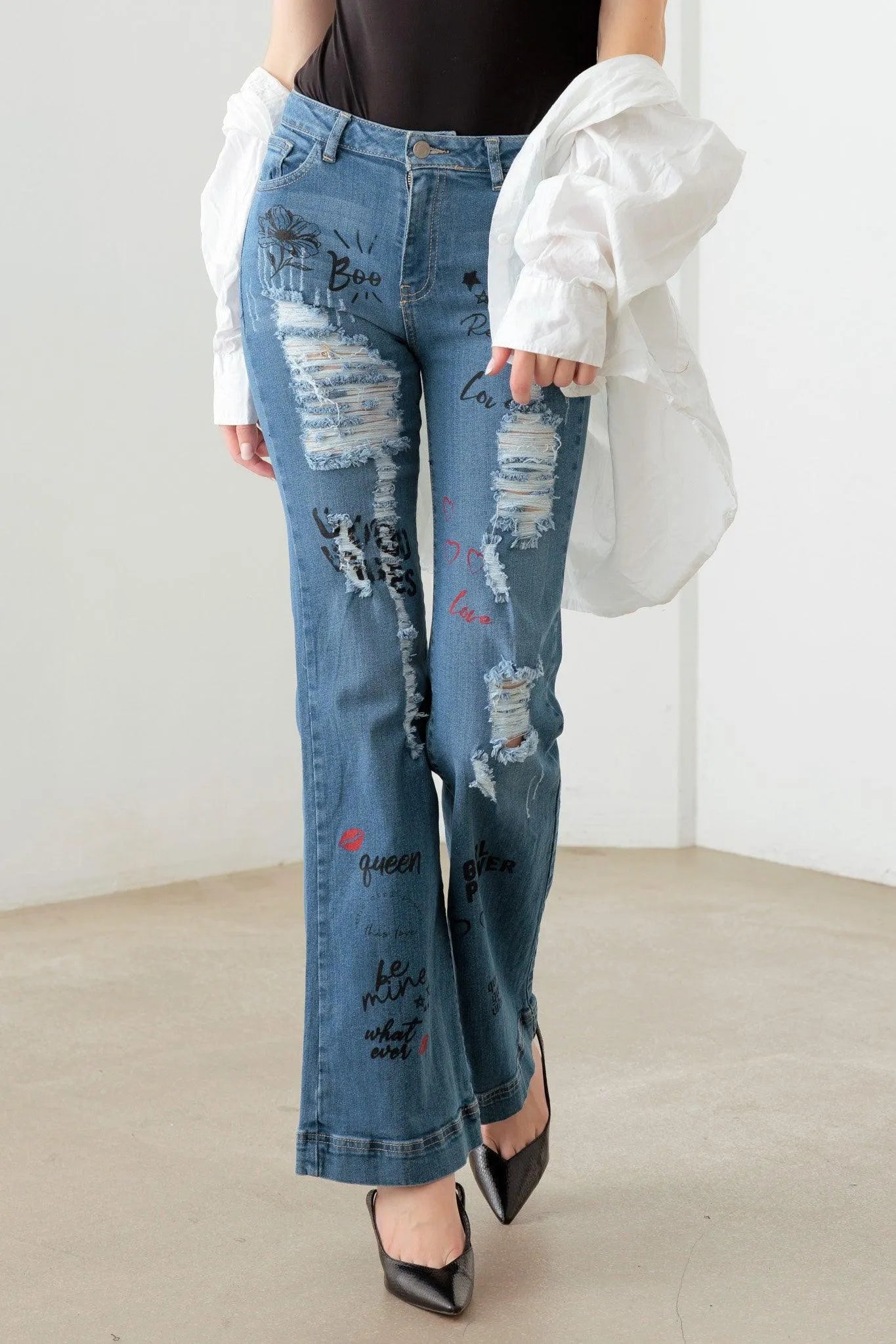 Blue Mid Waist Slogan Graphic Print Flare Jeans - Tasha Apparel Wholesale