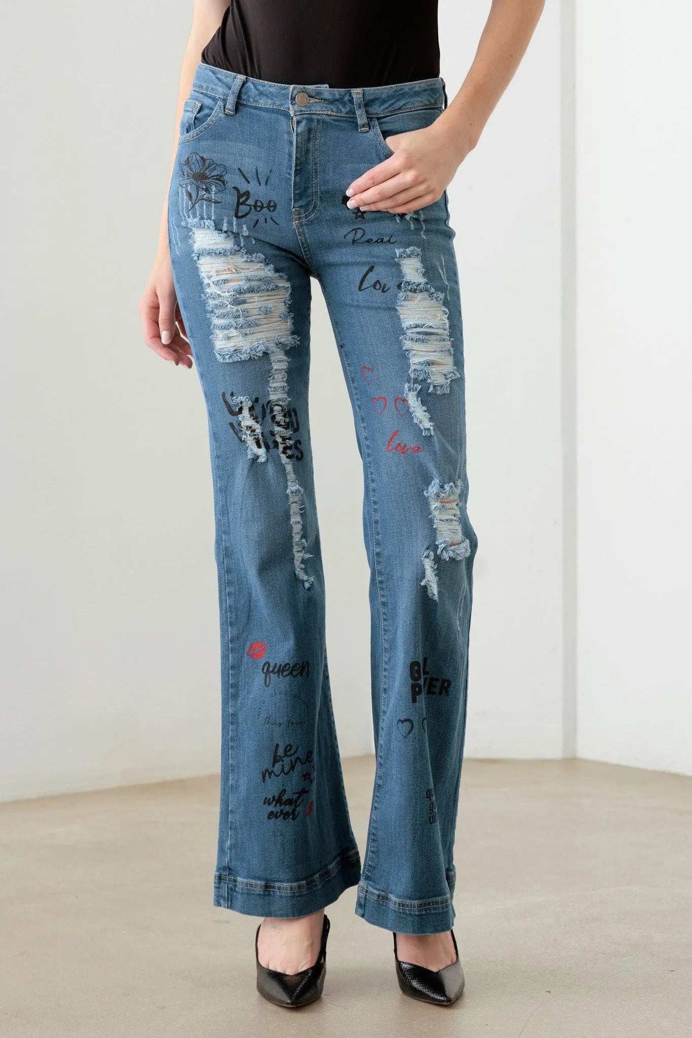 Blue Mid Waist Slogan Graphic Print Flare Jeans - Tasha Apparel Wholesale
