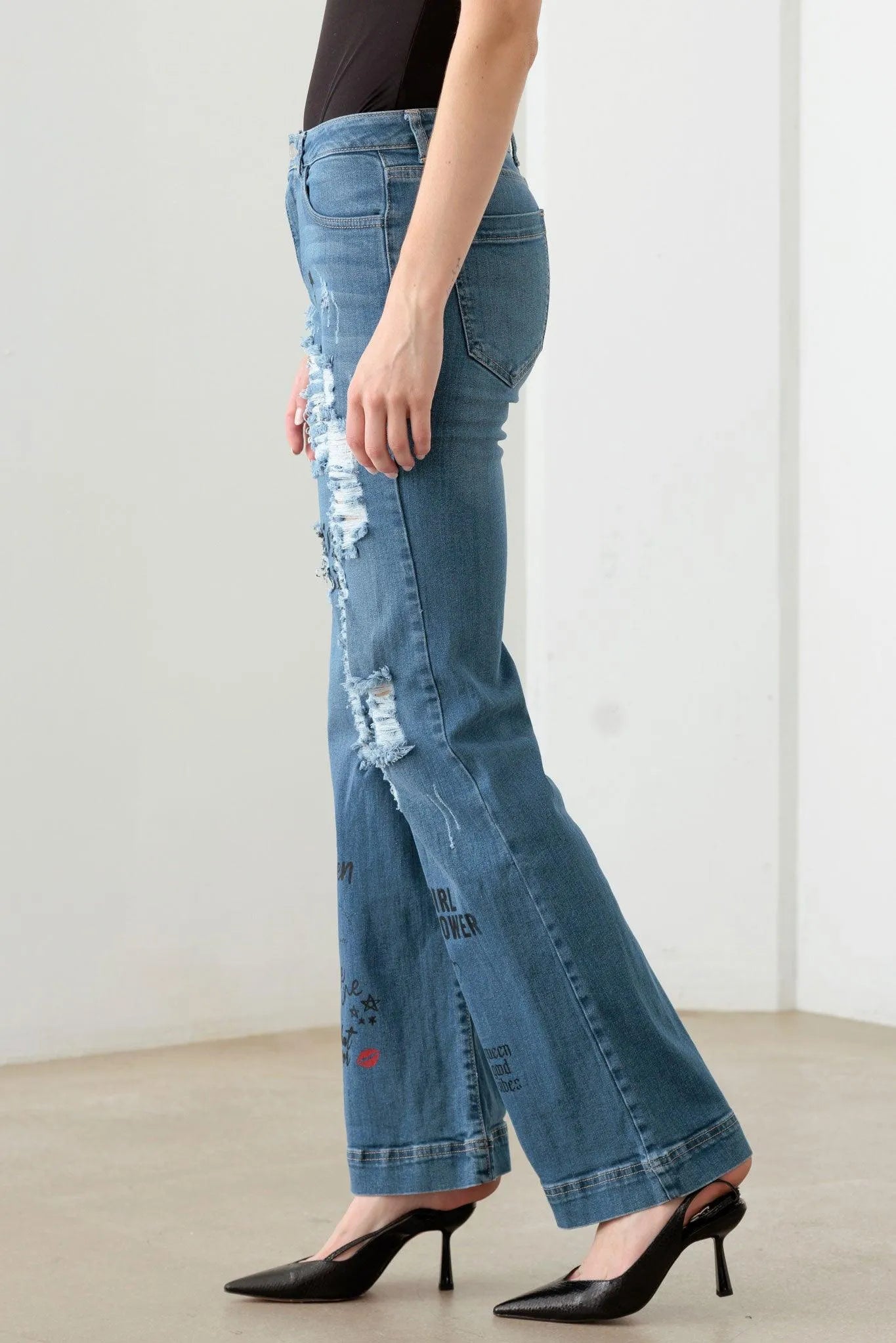 Blue Mid Waist Slogan Graphic Print Flare Jeans - Tasha Apparel Wholesale