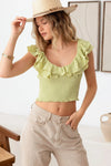 Green Ruffle Neck Smocked Crop Top - Tasha Apparel Wholesale