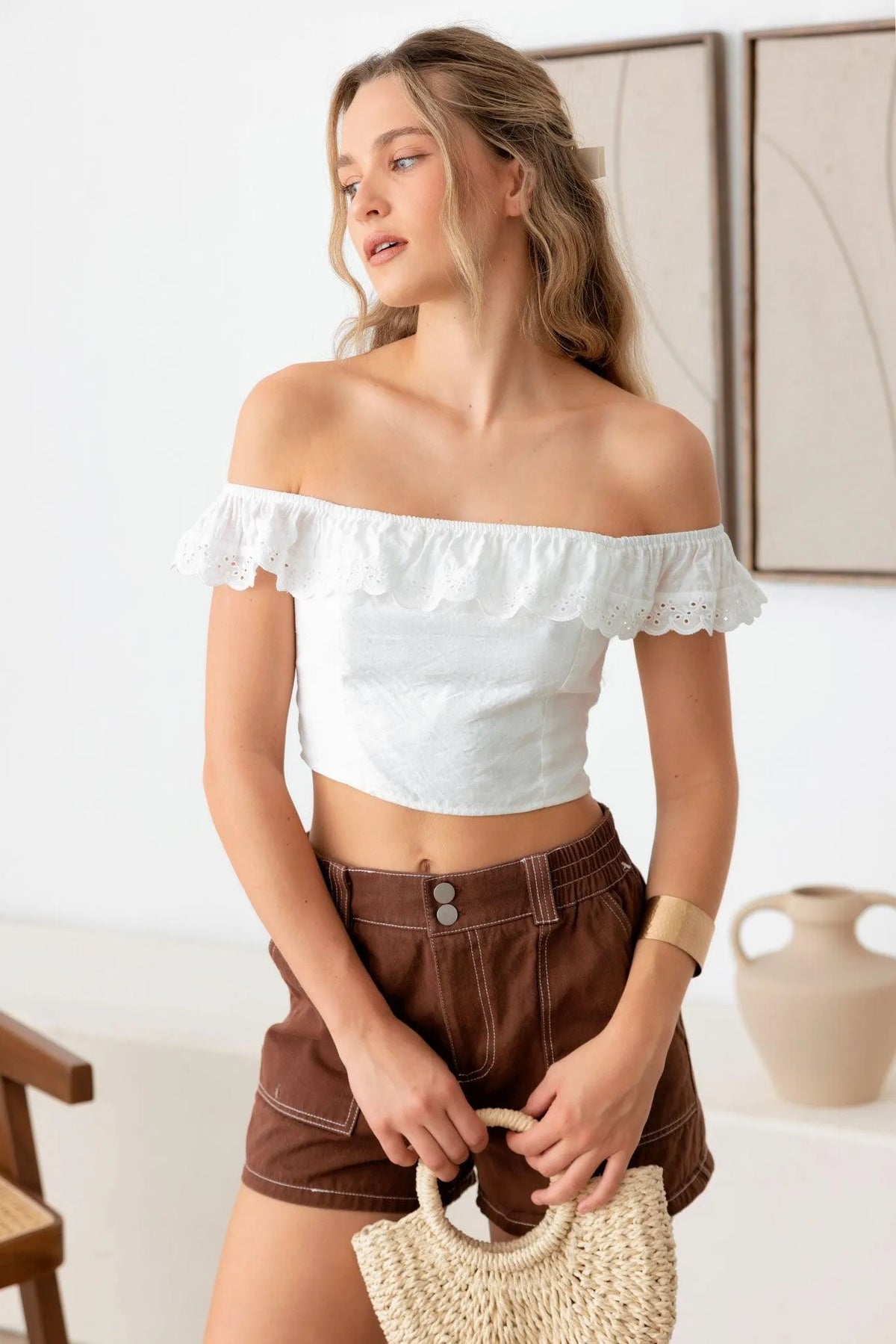 Off Shoulder Ruffle Lace Trim Crop Top - Tasha Apparel Wholesale