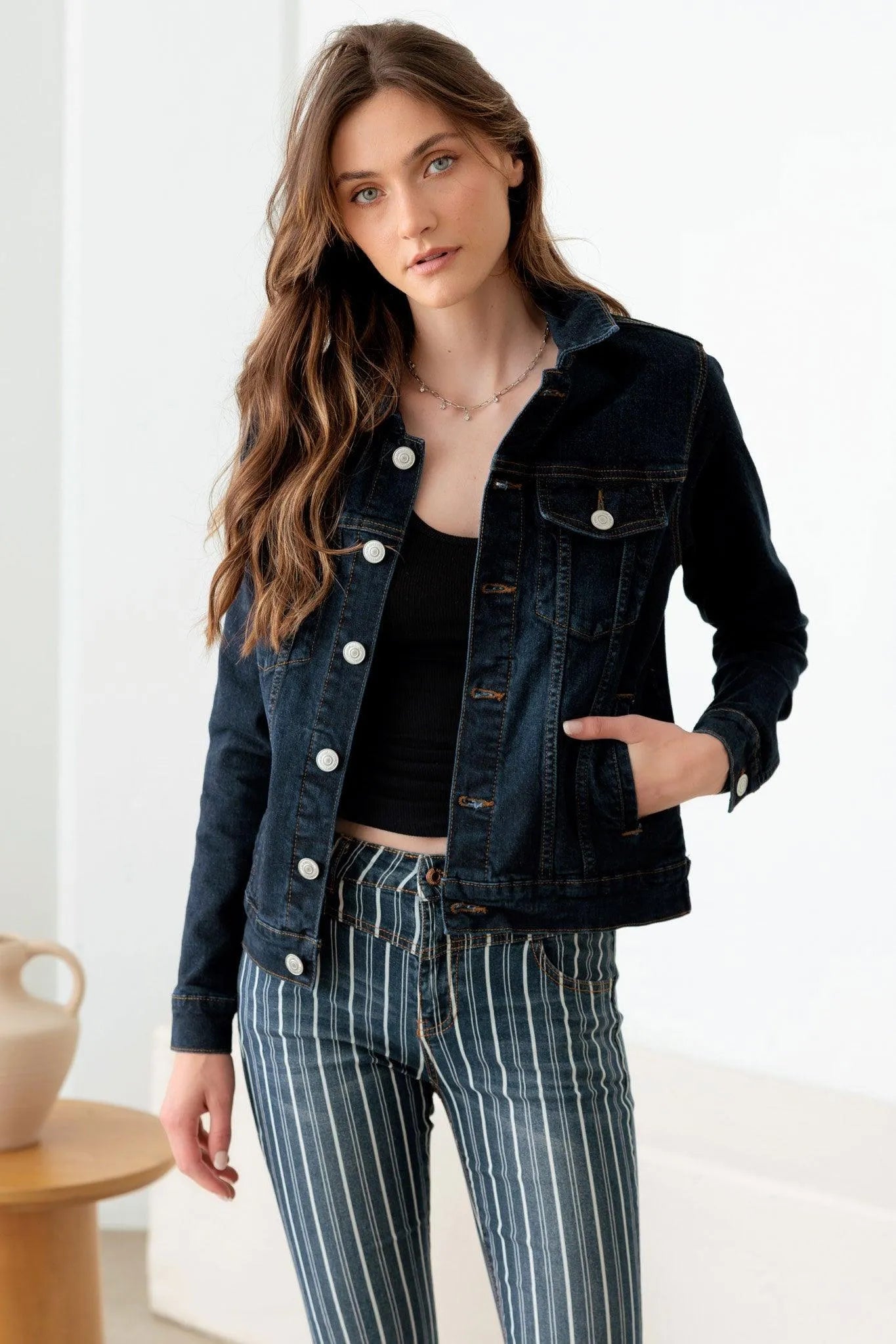 Dark Wash Front Pockets Gold Buttons Denim Jacket - Tasha Apparel Wholesale