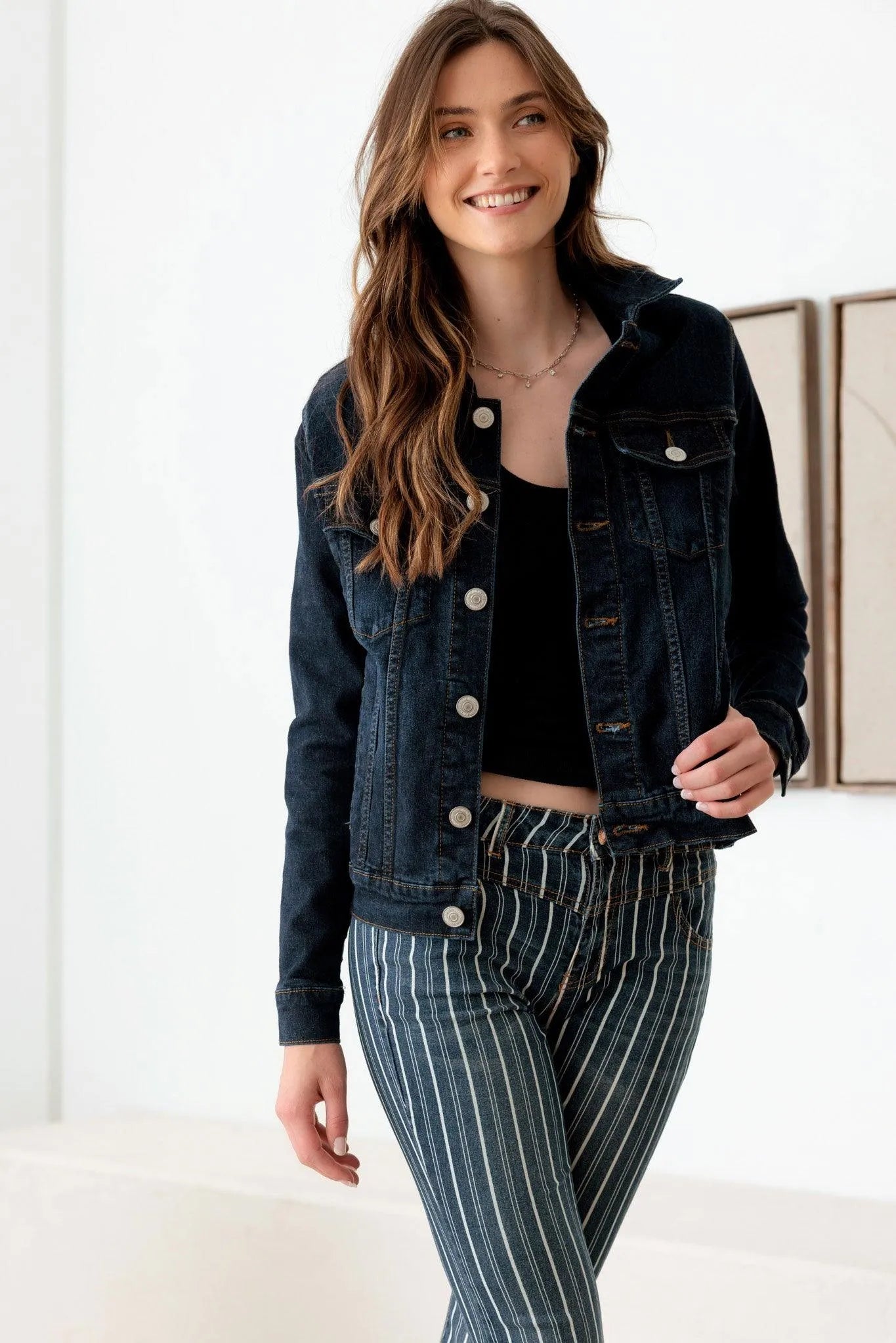 Dark Wash Front Pockets Gold Buttons Denim Jacket - Tasha Apparel Wholesale