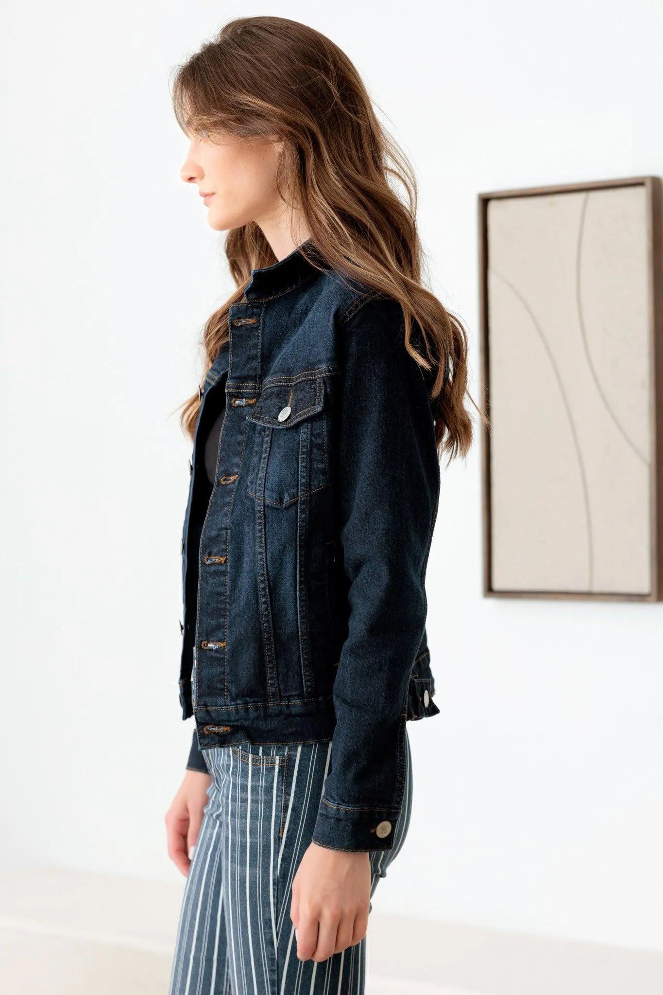 Dark Wash Front Pockets Gold Buttons Denim Jacket - Tasha Apparel Wholesale