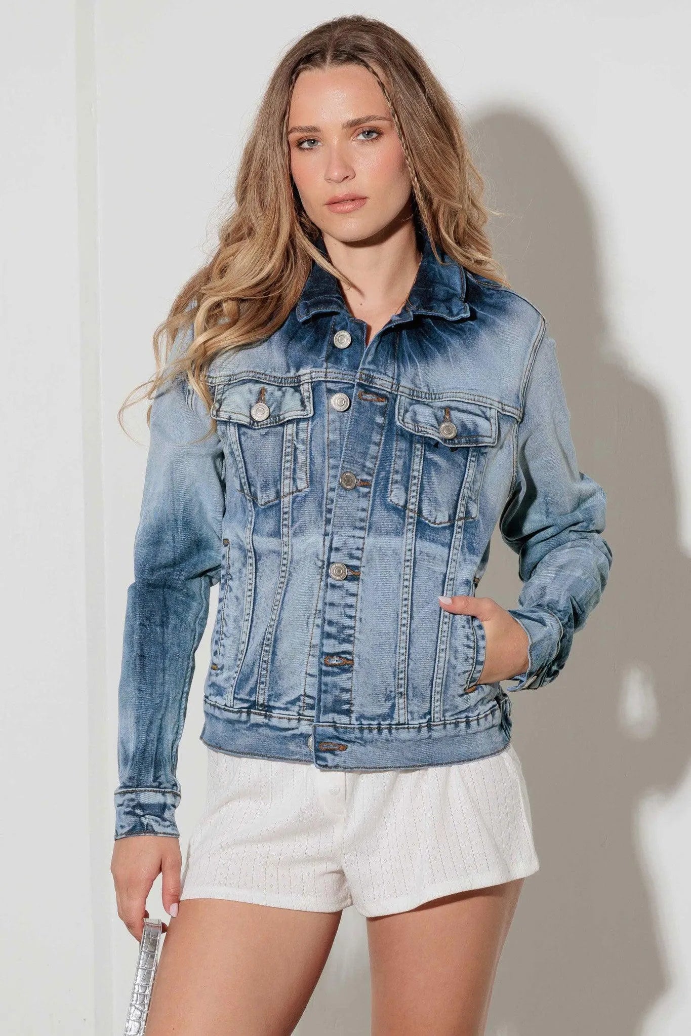 Light Denim Blue Acid Wash Denim Jacket - Tasha Apparel Wholesale