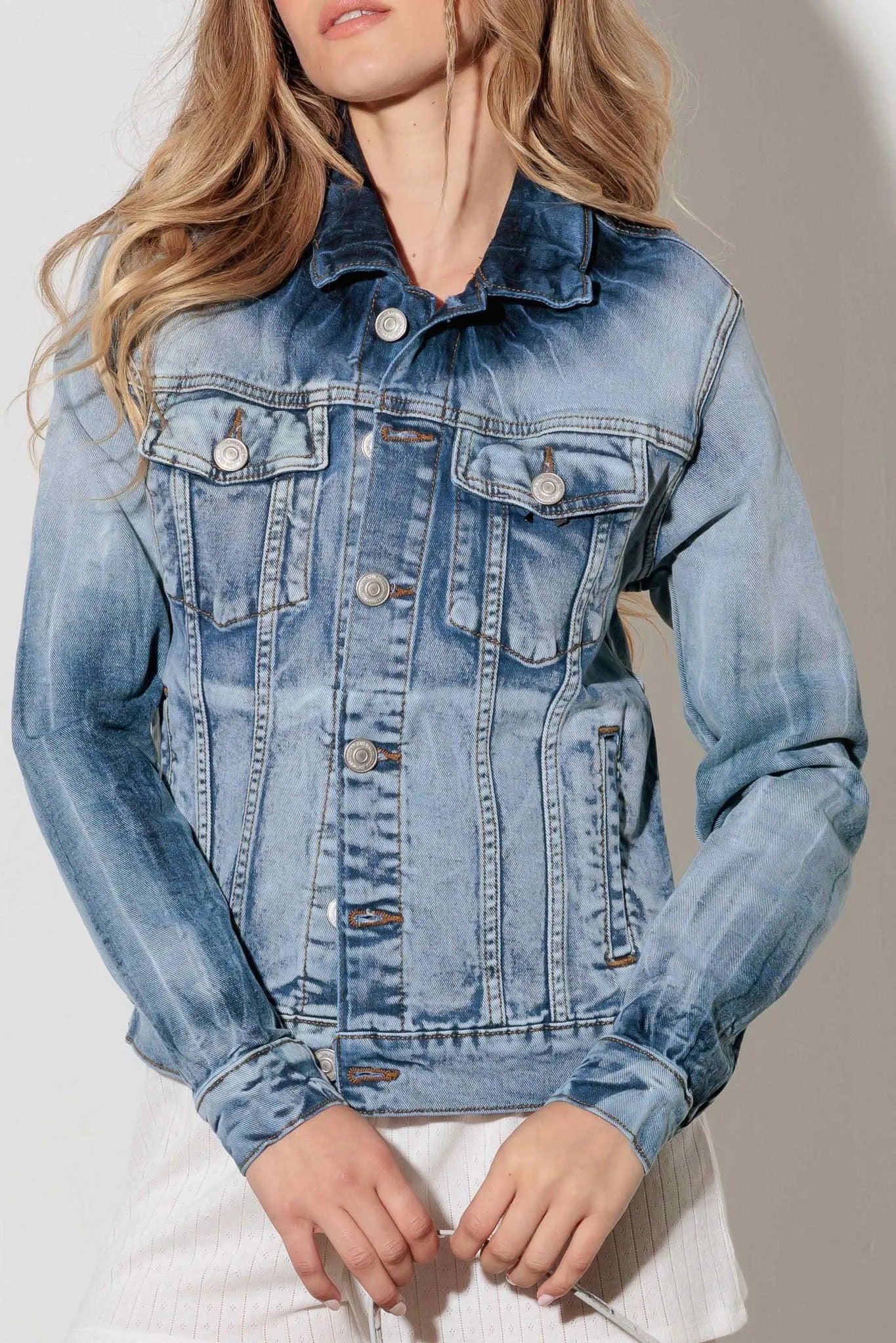 Light Denim Blue Acid Wash Denim Jacket - Tasha Apparel Wholesale