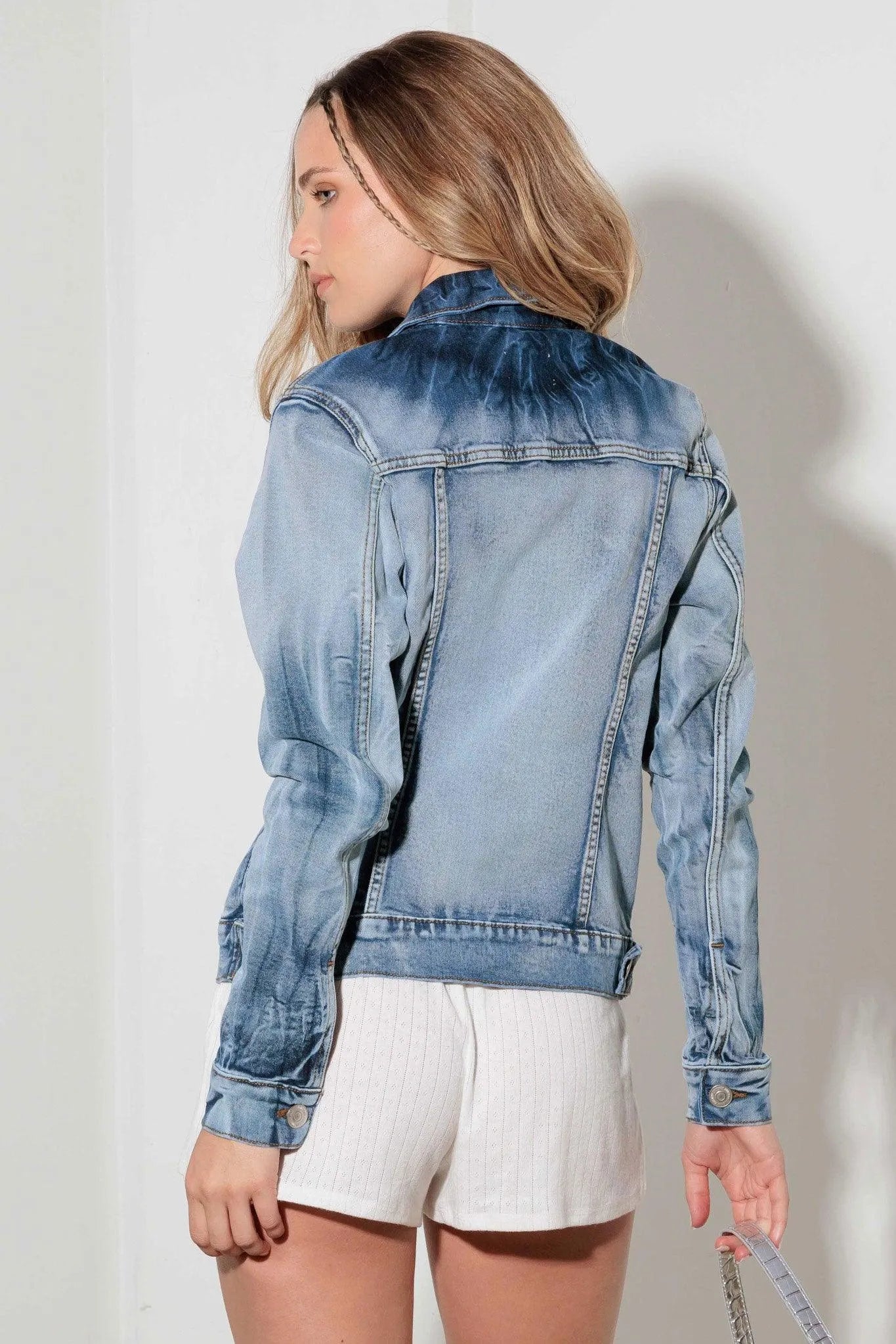 Light Denim Blue Acid Wash Denim Jacket - Tasha Apparel Wholesale