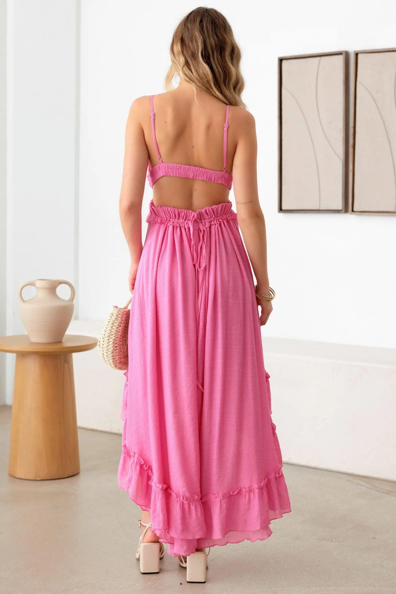 pink asymmetric ruffle dress ASOS DESIGN asymmetric racer neckline ruffle midaxi dress with hi low hem in rose pink