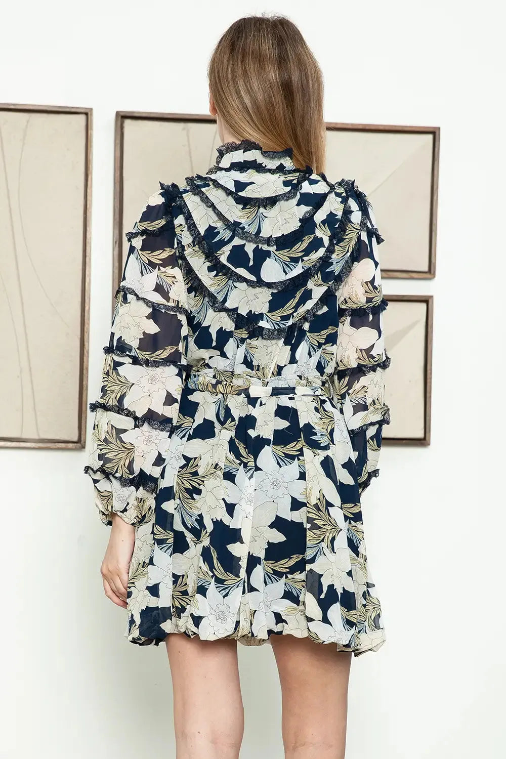 Floral High Ruffle Neck Belted Long Sleeve Mini Balloon Dress - Tasha Apparel Wholesale