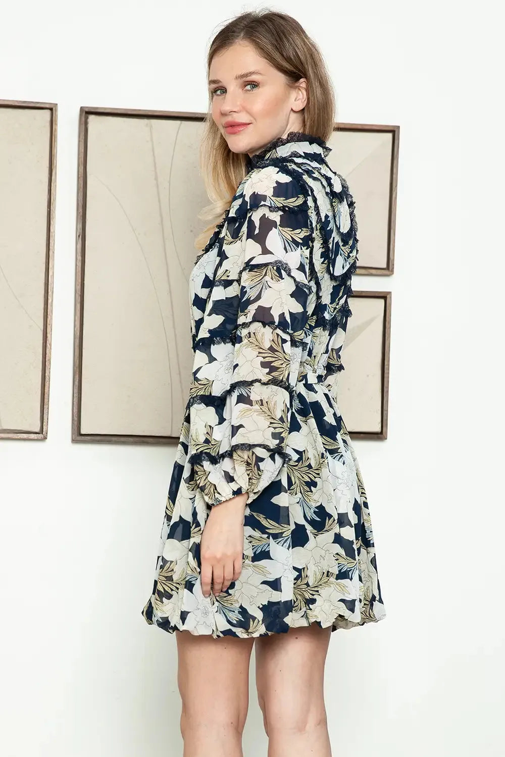 Floral High Ruffle Neck Belted Long Sleeve Mini Balloon Dress - Tasha Apparel Wholesale