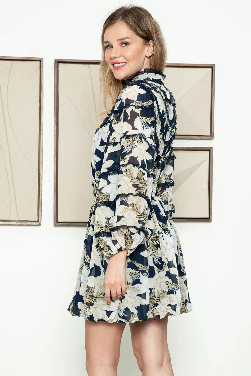 Floral High Ruffle Neck Belted Long Sleeve Mini Balloon Dress - Tasha Apparel Wholesale