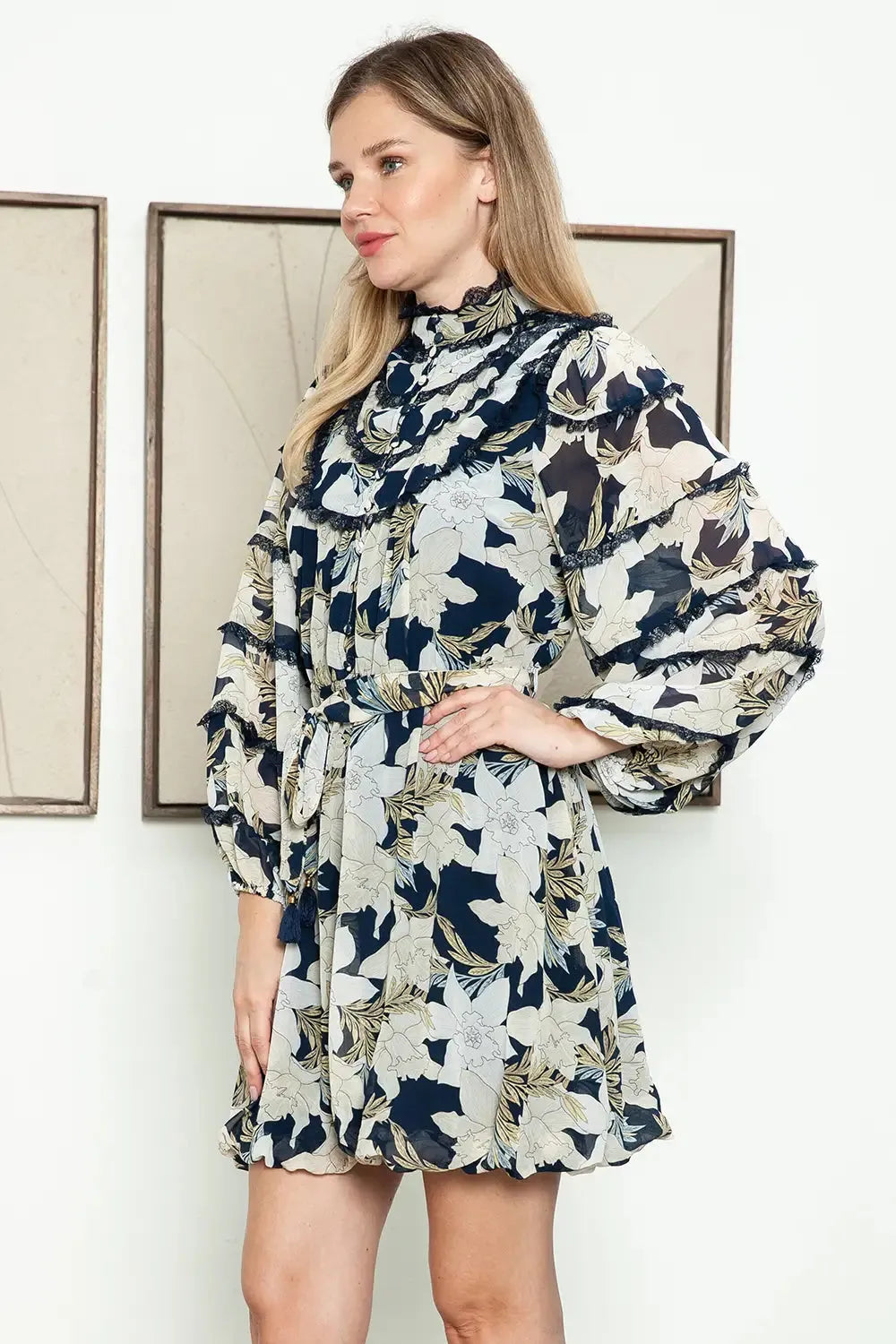 Floral High Ruffle Neck Belted Long Sleeve Mini Balloon Dress - Tasha Apparel Wholesale