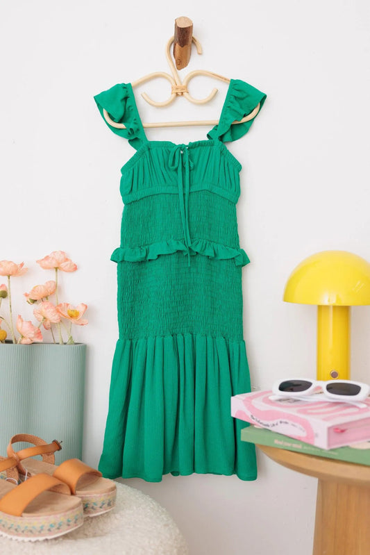 Girls Ruffle Sleeve Front Tie Ruched Ruffle Silhouette Dress - Tasha Apparel Wholesale